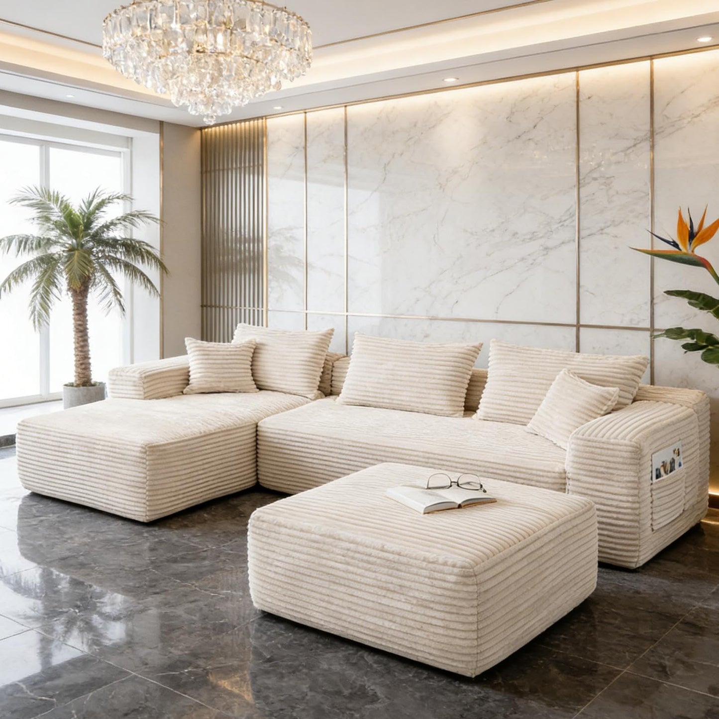 EVLIQUIL Modular Sectional Sofa Couch 103.5” & 37.0” Beige, L-Shaped Sectional Couches for Living Room with Ottoman, High Resilience Sponge & Spring Support Sofa Set (L Shaped Sofa+Ottoman)