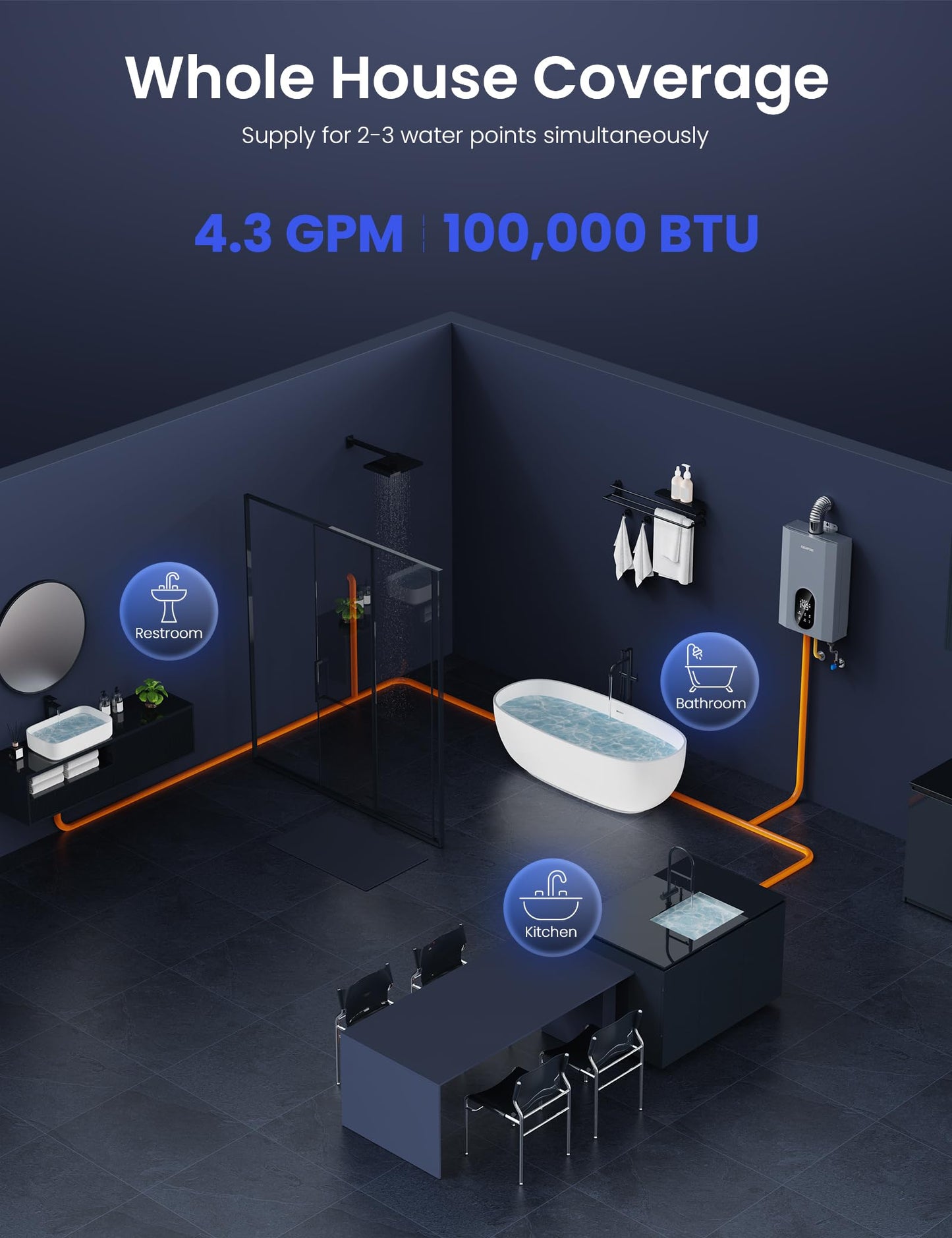 Tankless Water Heater Natural Gas, Indoor Max 4.3 GPM, 100,000 BTU, Instant Hot Water Heater for Home, Apartment, Commercial Setting, Vent Pipe Included, within 1℉ Stable Temp, LED Digital Display