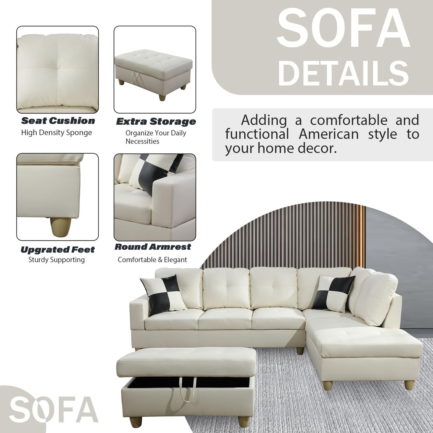 UOCFYK Sectional Sofa Couch with Right Chaise, Faux Leather L Shaped Couches for Living Room, Office, Apartments, Small Space, White
