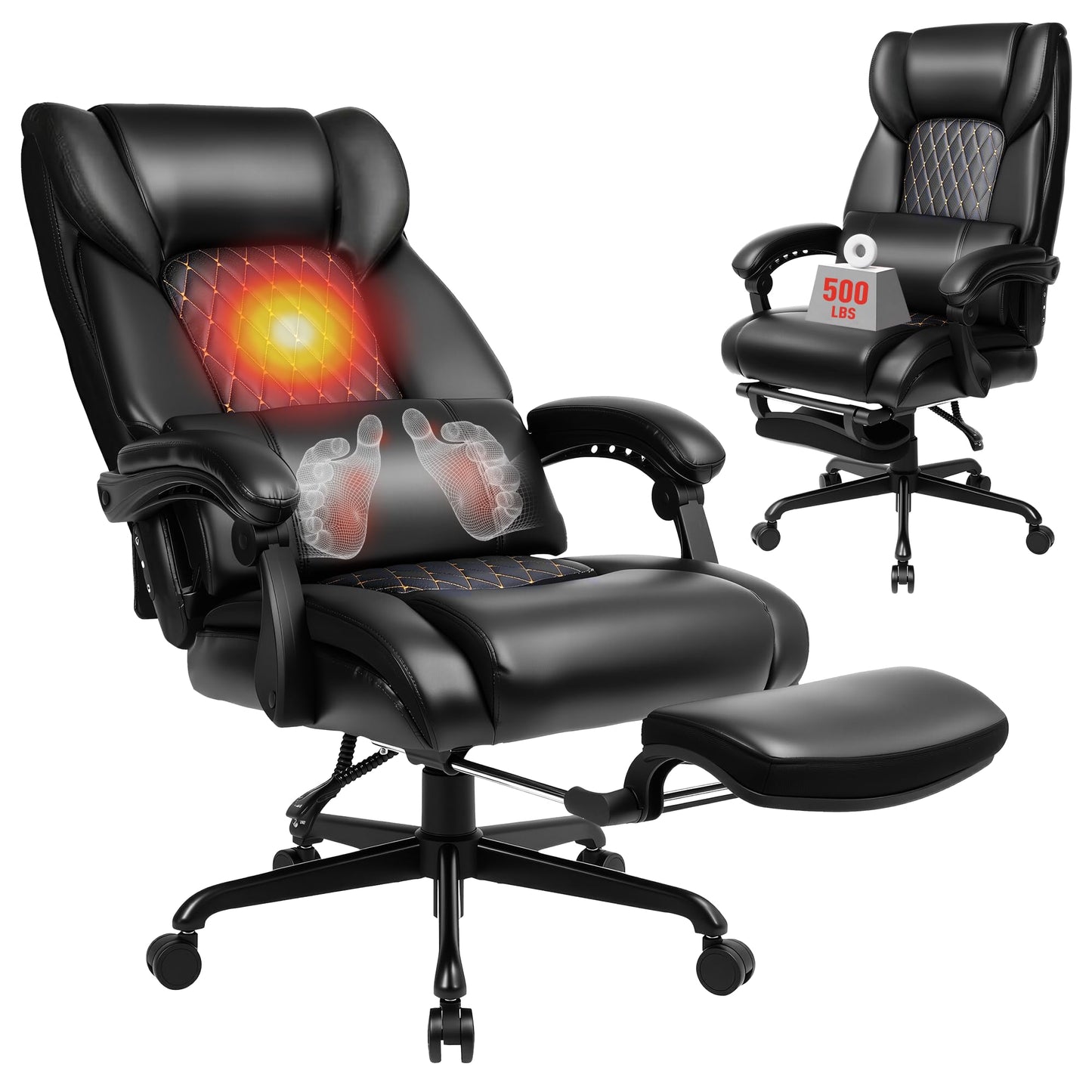 EGSEAT 3D Kneading Massage Office Chair with Heat, 500 lbs Big and Tall Executive Computer Desk Recliner, Leather Electric Heated Chair with Footrest, Black