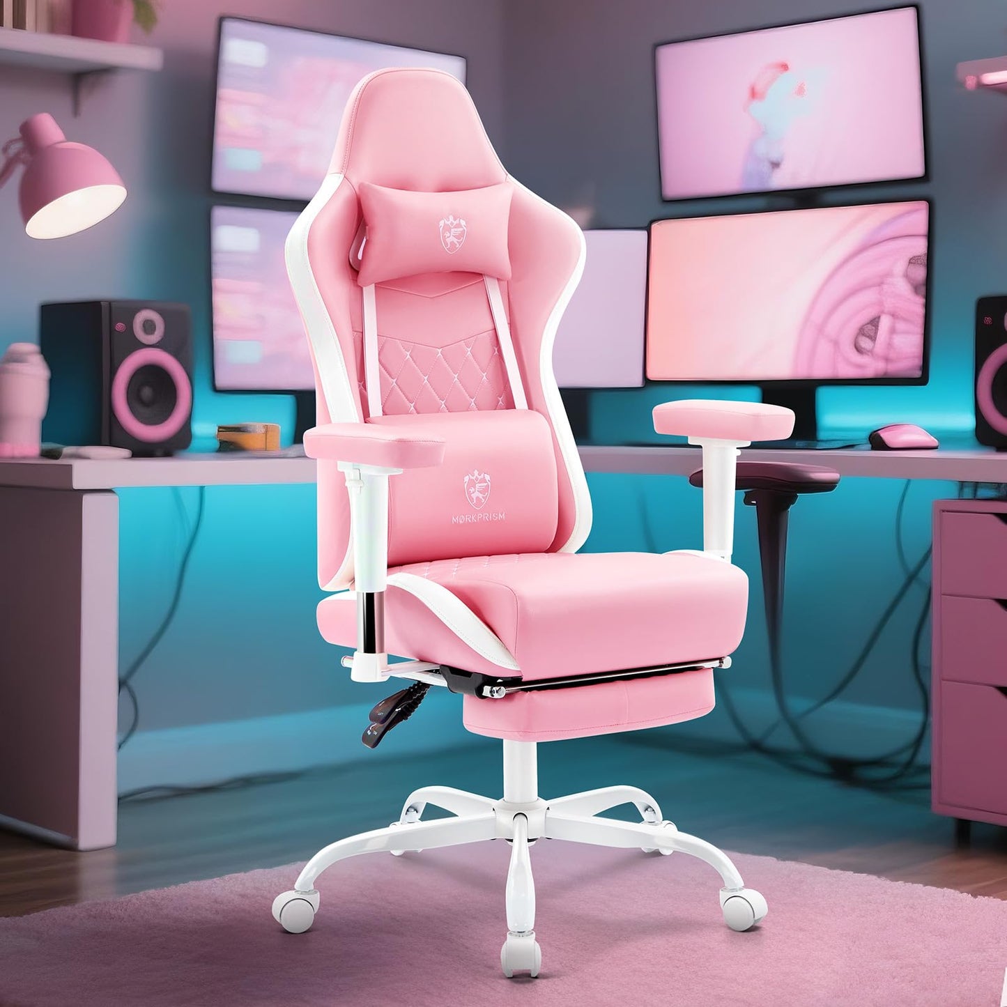Morkprism Gaming Chair,Computer Office Chair with Footrest,Massage Lumbar Support and Gel Pad,Ergonomic Reclining Leather Gamer Chair with Headrest,Adjustable Armrests and Spring Cushion Pink