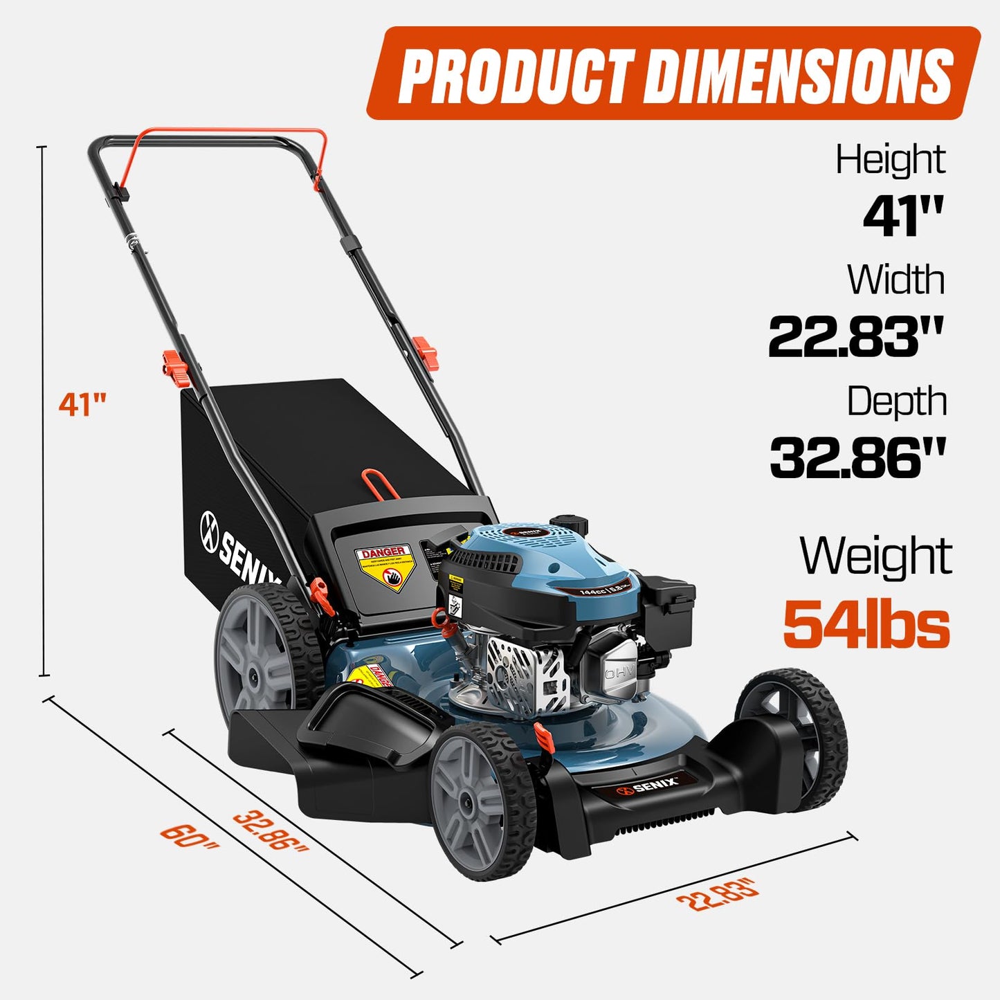 SENIX 21" Gas Lawn Mower 144cc, 3-in-1 Push Mower Mulch Bag Side Discharge