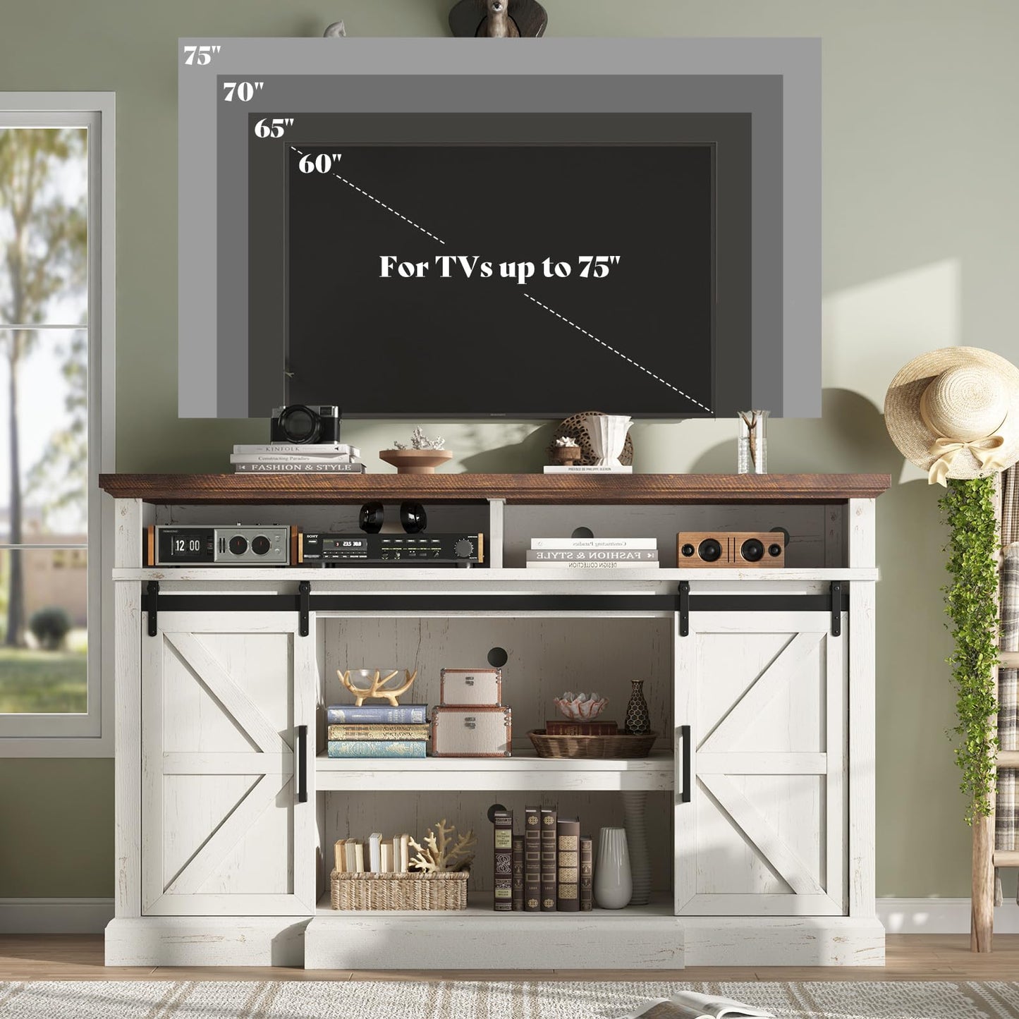 AMERLIFE 66" W Farmhouse TV Stand, Wood 40" H Tall Entertainment Center with Sliding Barn Door & Large Storage Shelves, Rustic Media Console for TVs up to 75", Distressed White