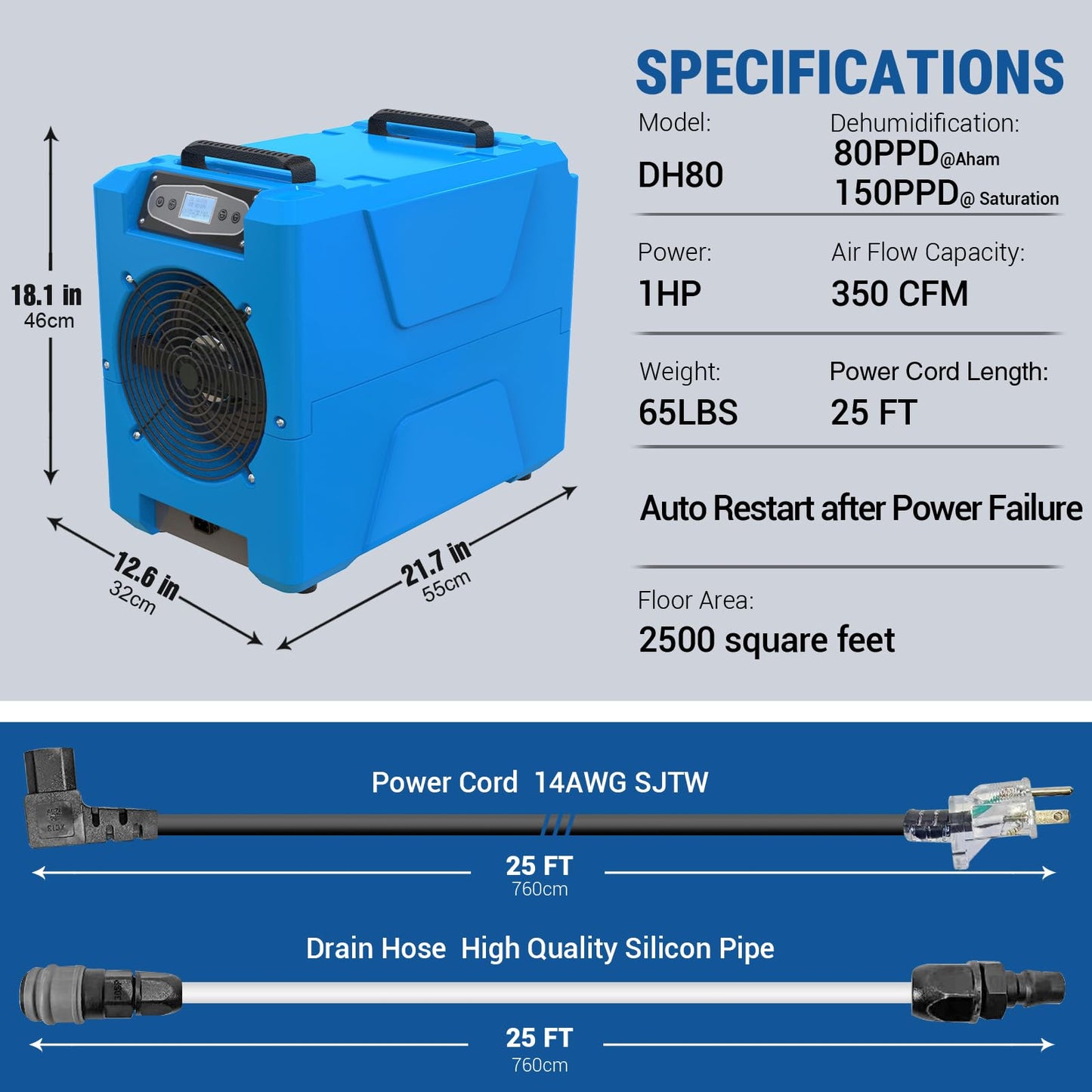 MOUNTO Commercial Dehumidifier, 150 Pint High-Capacity, Includes Pump Drain Hose for Water Damage Restoration, Ideal for Basements, Warehouses & Job Sites