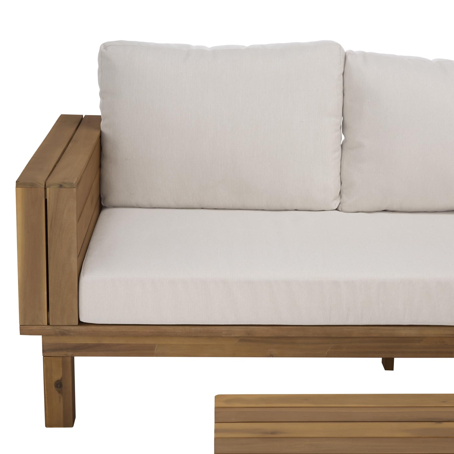 SAFAVIEH Outdoor Patio Furniture Collection - Napoli Oak Brown & Cream Solid Wood 4-Piece Sectional Sofa Set with Coffee Table, Durable Cushions, Modern Outdoor Seating (PAT6806B)