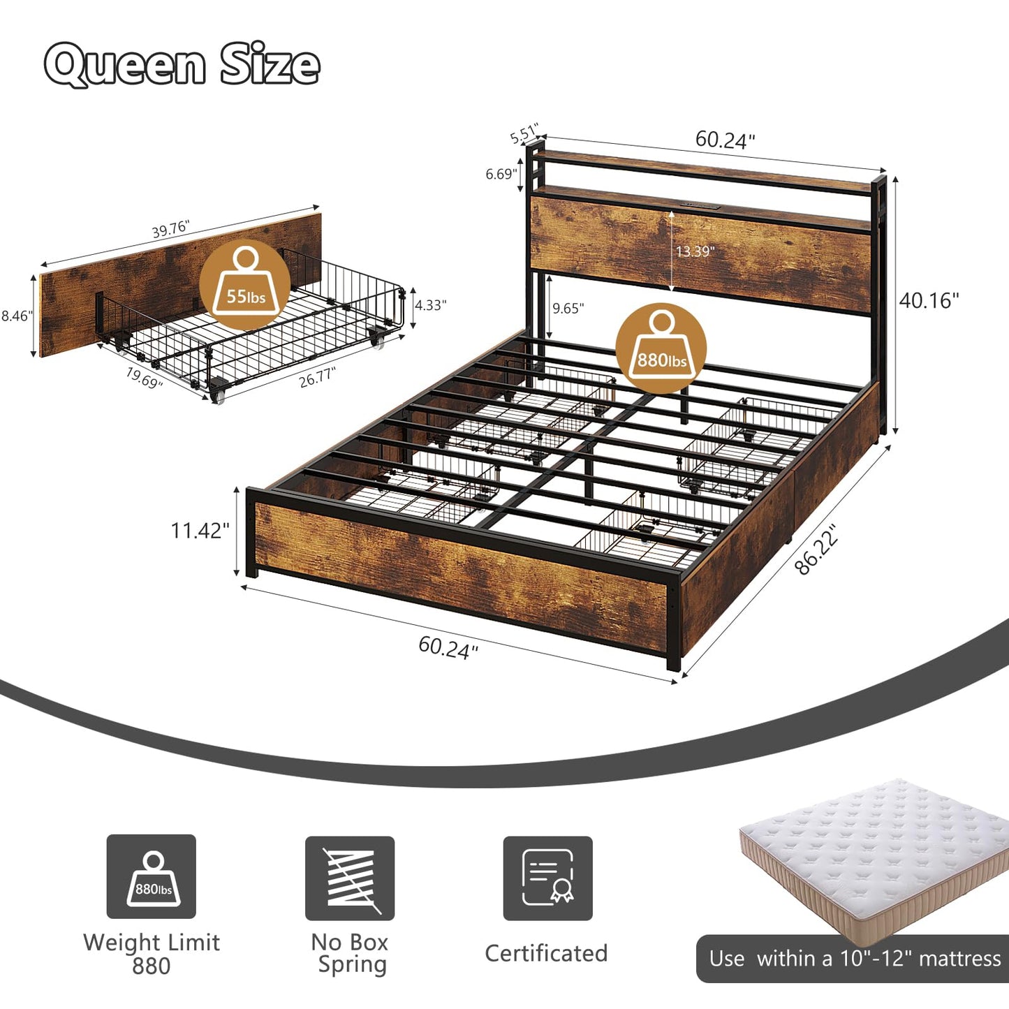 VINGLI Queen Bed Frame with 4 Storage Drawers and Headboard, Metal Platform Panel Bed with Charging Station and RGB LED Lights, No Box Spring Needed, Noise Free, Easy Assembly,Rustic Brown