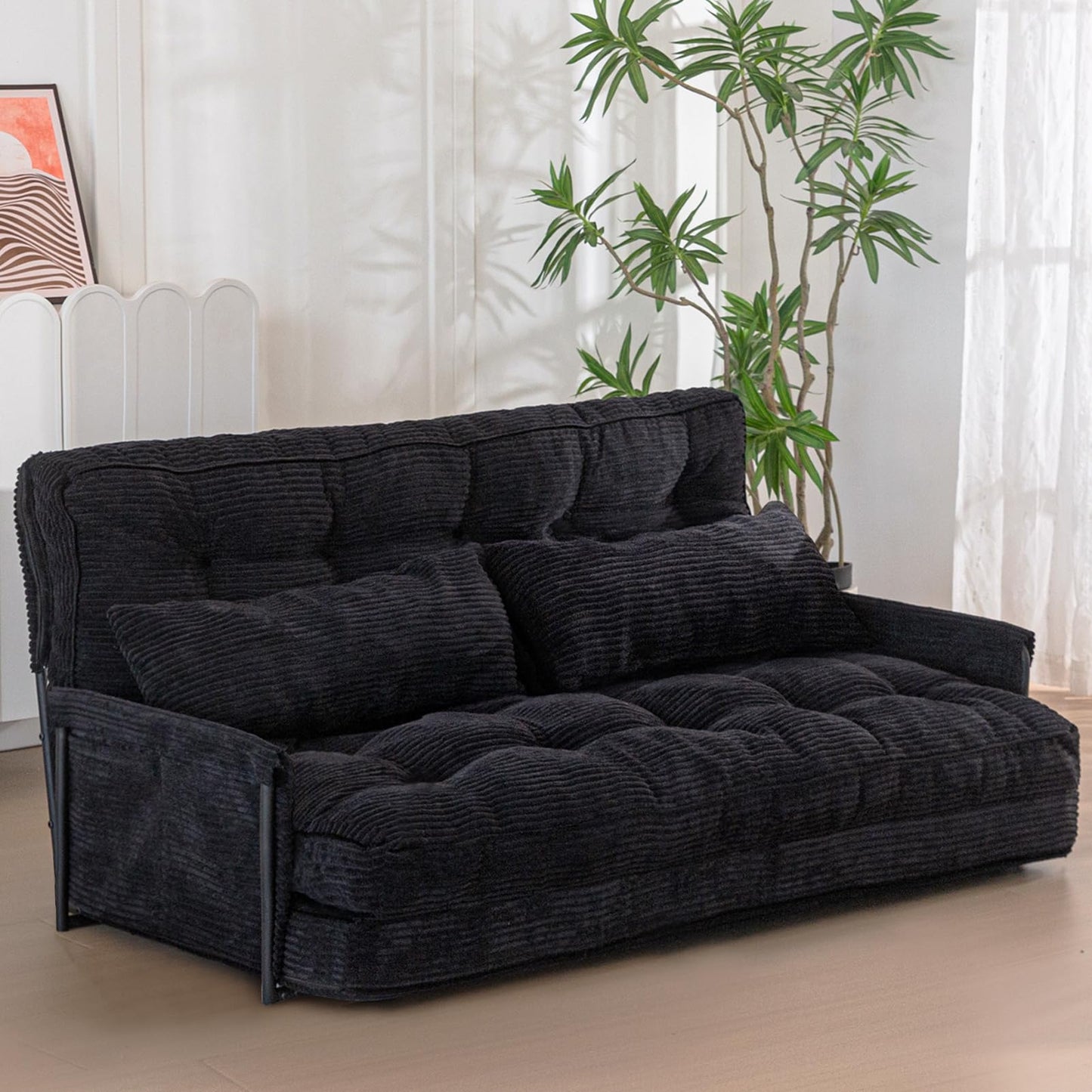 MAXYOYO Adjustable Floor Sofa Couch with 2 Pillows, Multi-Functional Bean Bag Bed, 5-Position Foldable Lazy Sofa Bed with Armrest, Versatile Floor Seating for Reading, Black, Double