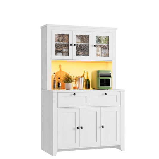 Pantry Cabinet with Charging Station, Farmhouse Kitchen Pantry Storage Cabinet with Countertop, Large Kitchen Hutch with Storage Drawers and Adjustable Shelves & Water Ripple Design for Dining Room,