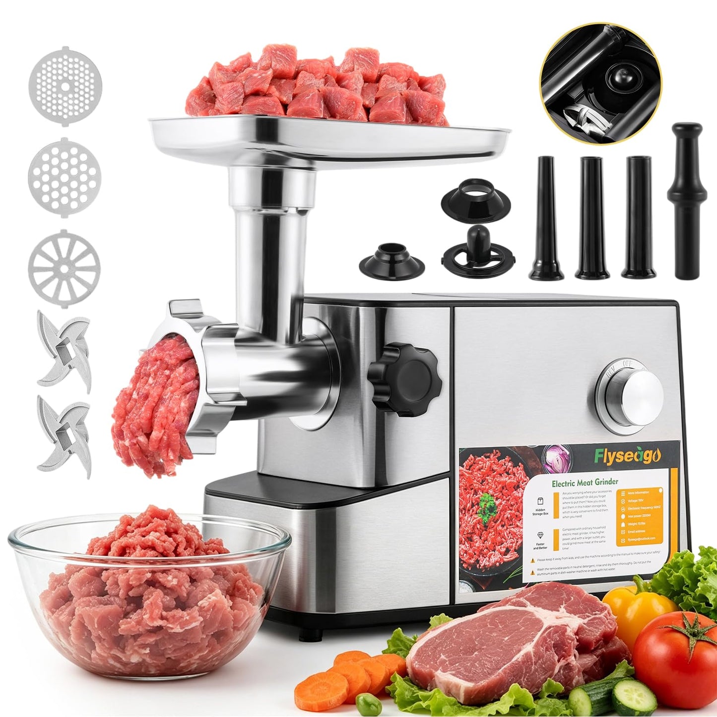 Flyseago Meat Grinder Electric 3200w High Capacity Commercial Heavy Duty Meat Grinder and Sausage Stuffers, Kubbe Kit for Household Use & Commercial