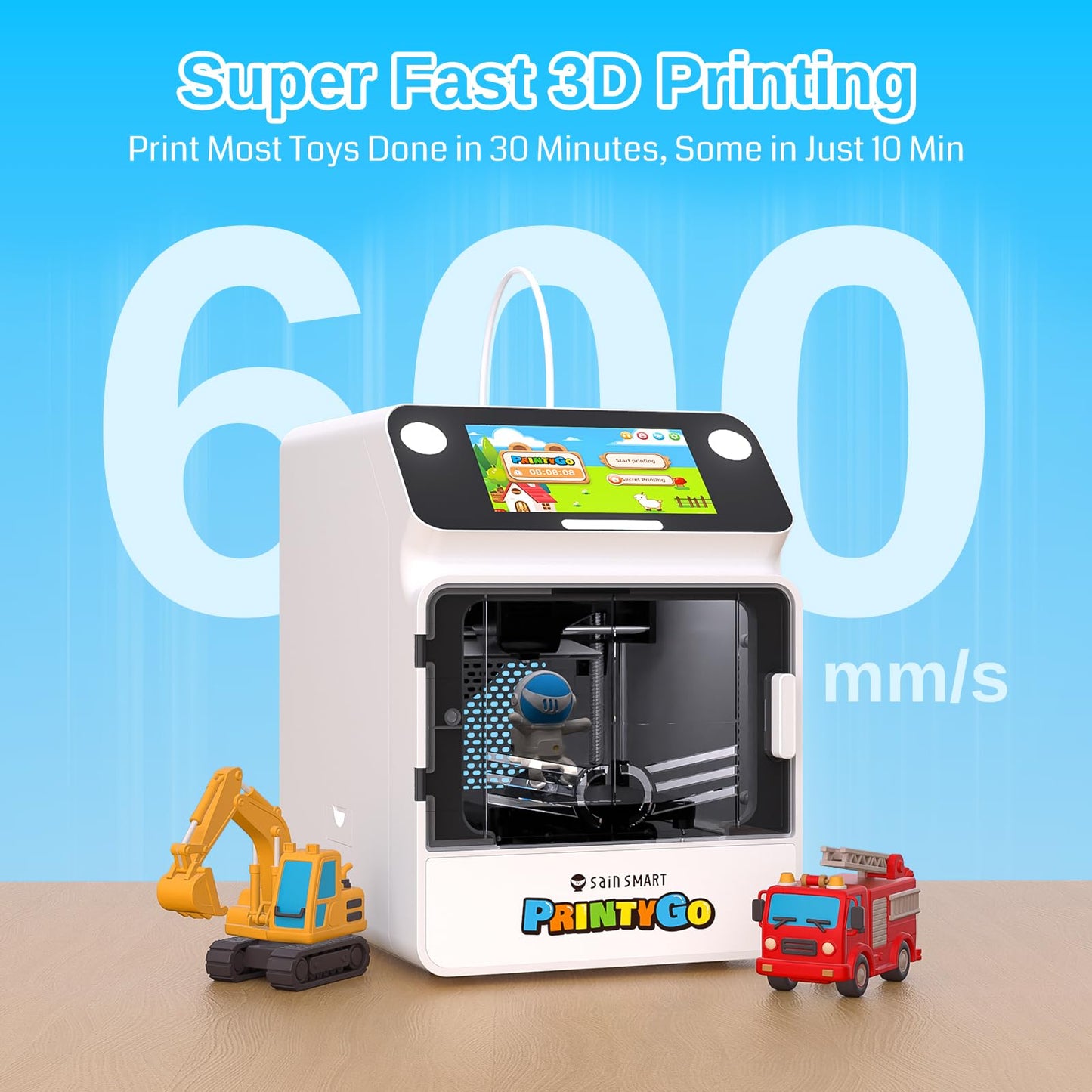 SainSmart PrintyGo 3D Printer for Kids, 600mm/s Auto Leveling Printer for Beginners with 5" Touch Screen, 1500+ Models, Child-Safe Design, Wi-Fi/App Control, Pre-Assembled for STEM Learning Gift