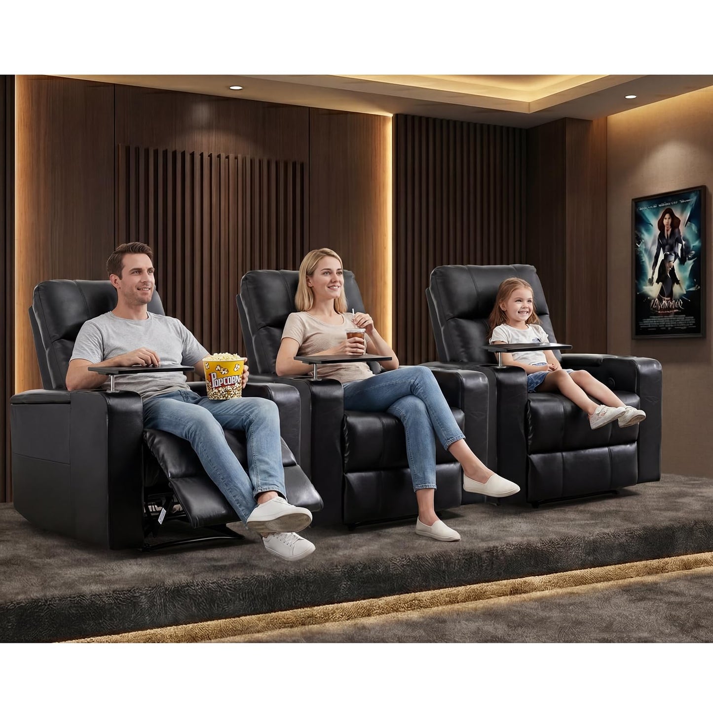 ANJ Home Theater Seating Power Recliner with Hidden Arm Storage, Sigle Faux Leather Recliners with Tray Table, Electric Movie Reclining Chairs with USB Ports & Cup Holders for Media Room, Black