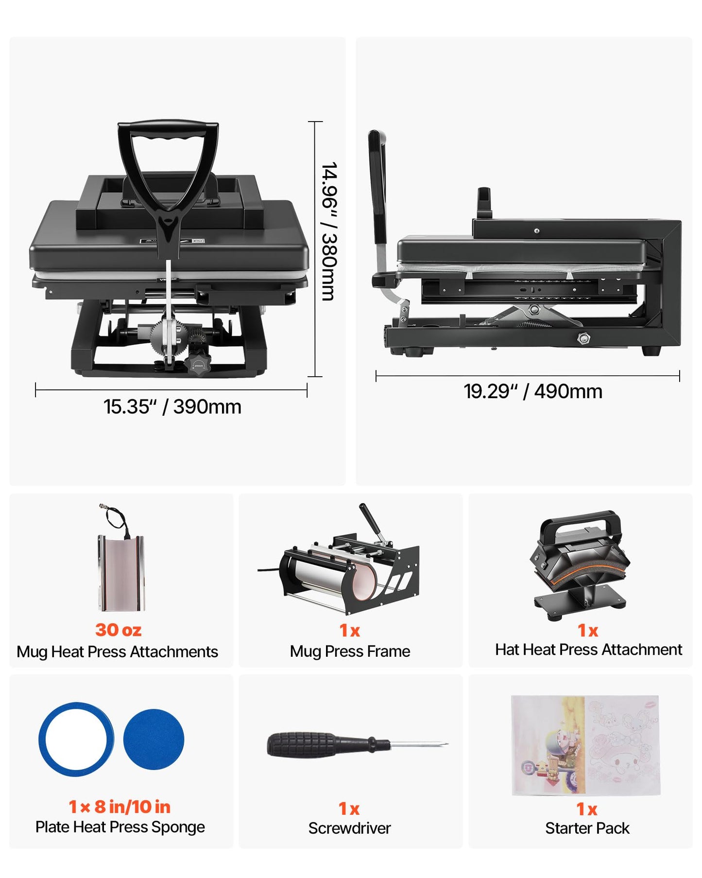 VEVOR Hybrid Heat Press, 15 x 15 inch, 5-in-1 Multifunction, Heat Up Fast and Even, All-New Patented Design, Easy to Control, Sublimation Press Machine for T-Shirts/Mugs/Tumblers/Caps/Plates, Black