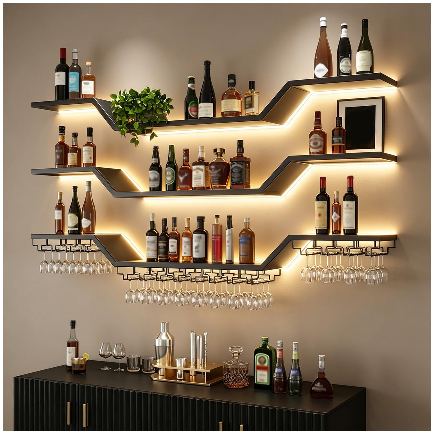 [Fully Assembled] 63" Modern LED Wine Rack Wall Mounted - No Assembly Needed 3-Tier Floating Bar Shelves with Wine Glass Rack & Hanging Liquor Shelf, for Home Bar Dining Room Cafe (Black, 63in/160cm)