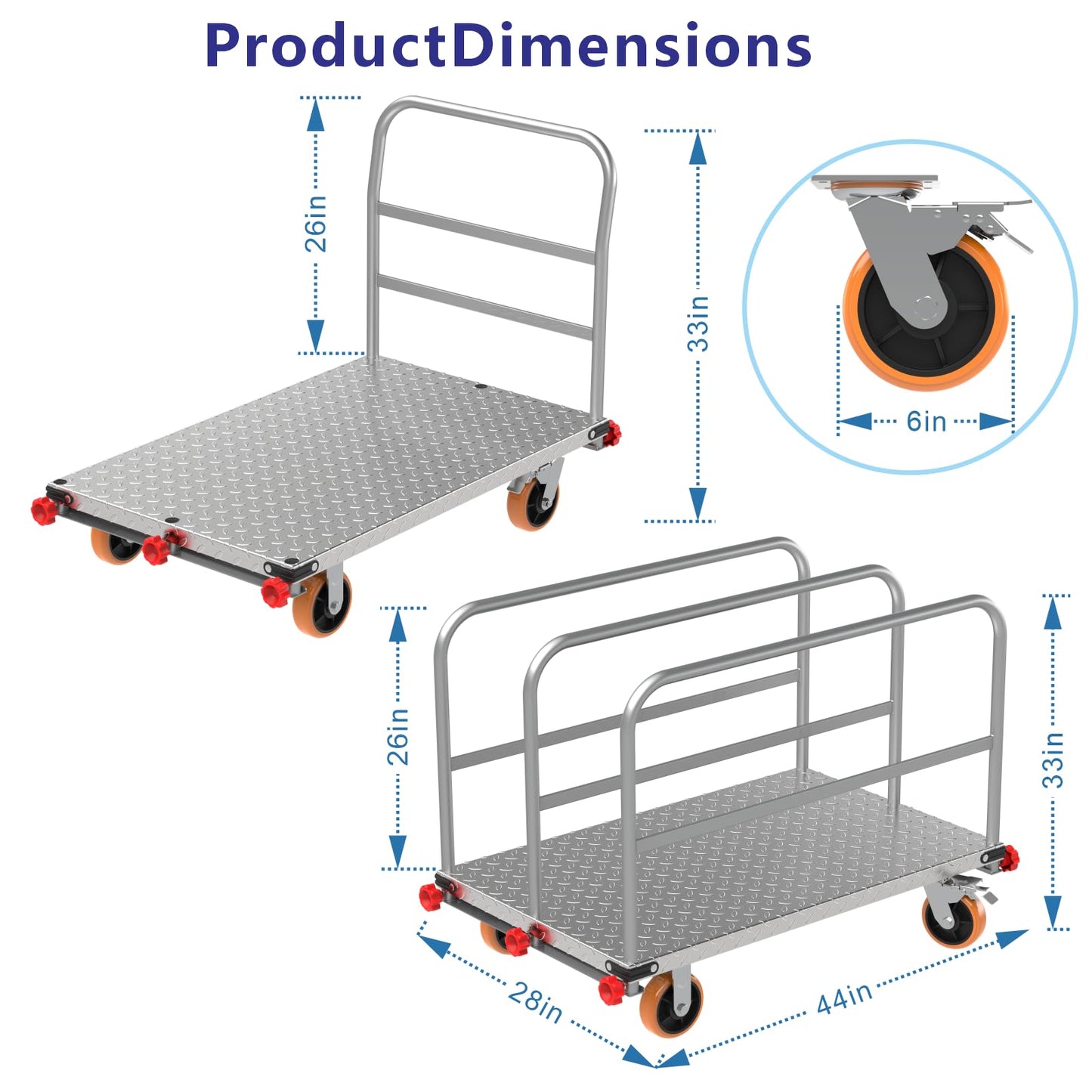 2-in-1 Steel Panel Cart with 3000 lbs Capacity Lumber Drywall Dolly Cart, 6" Swivel Brake Wheels Heavy Duty Table Truck Flatbed Cart with 1Front and 3Side Handrails 44 X 28inch 2mm