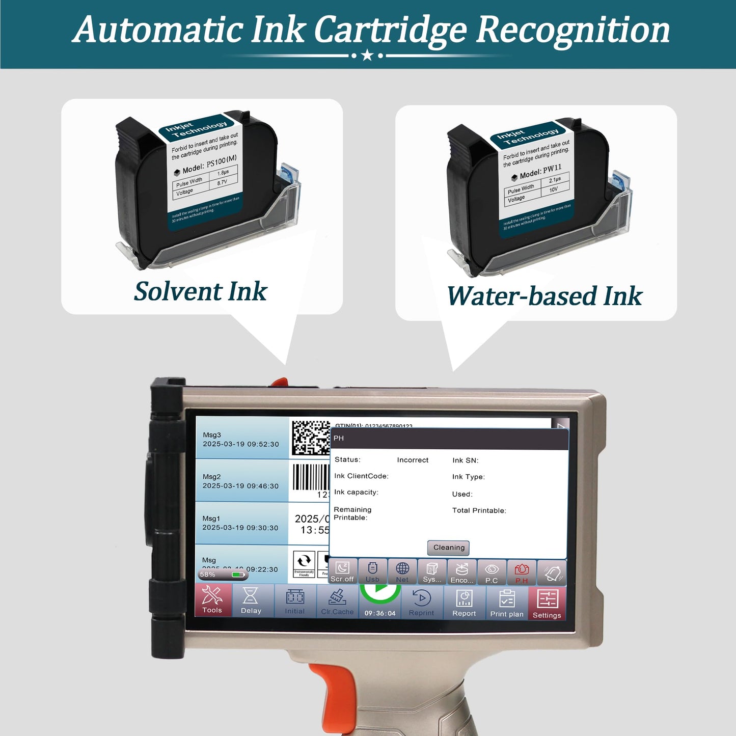 Phezer Industrial Handheld Inkjet Printer with 1200 DPI Precision, 0.5 inch Print Height 6.5 Inch Touchscreen for Text/Barcode/Logo/QR/Counter/Batch Number/Date on Any Surface (PRX 880)