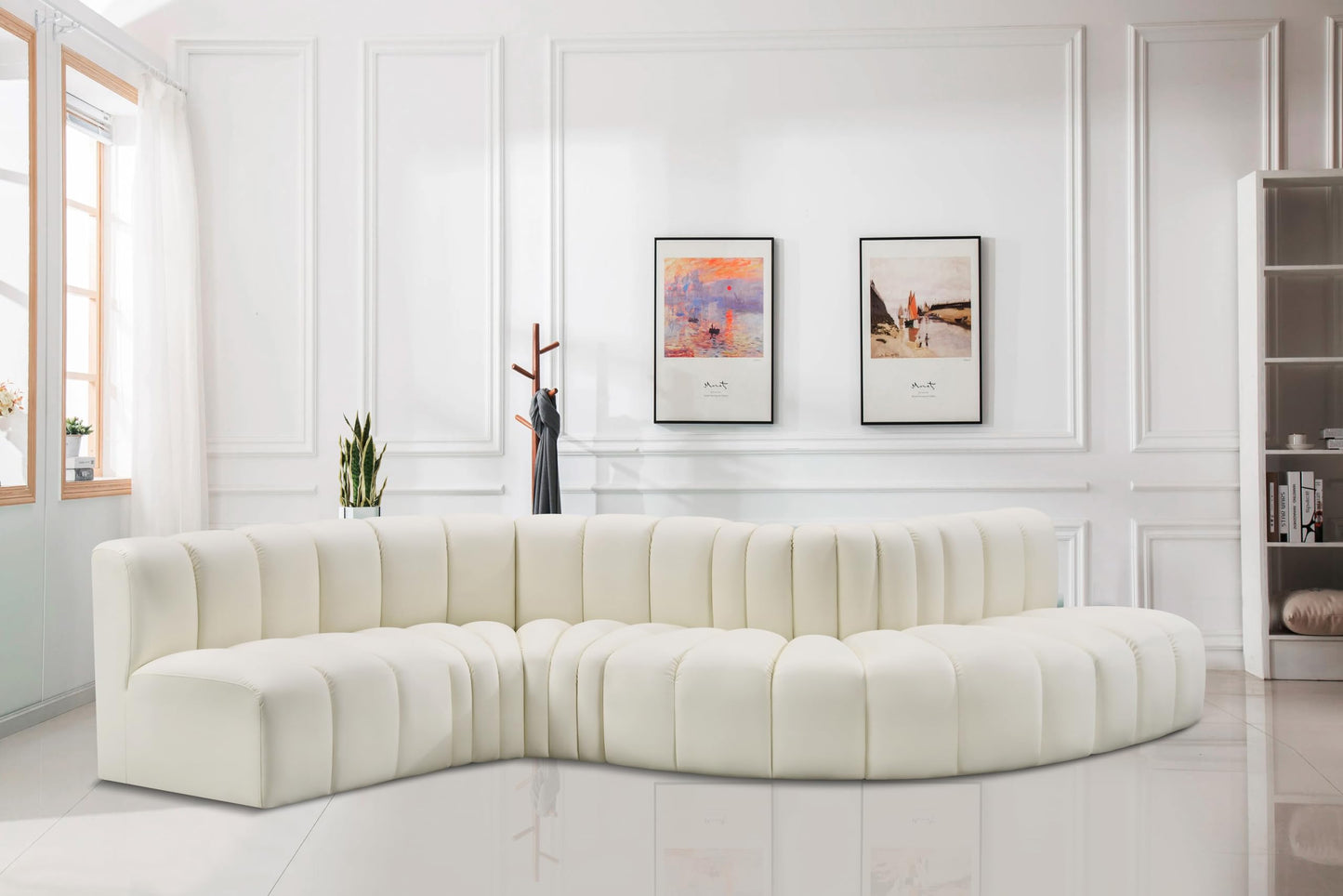 Meridian Furniture 101Cream-S6A Arc Collection Modern | Contemporary Modular Sofa with Soft Cream Vegan Leather, Deep Channel Tufting, Modular Design, 145" W x 53" D x 30" H, Cream