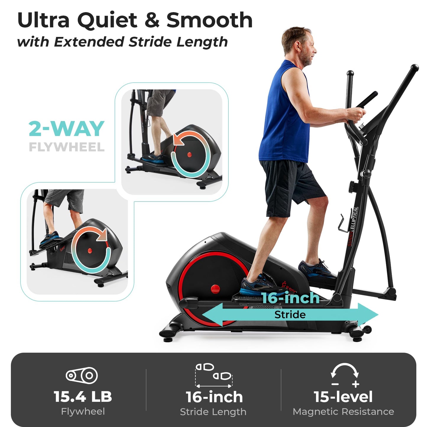 Sunny Health & Fitness Smart Heavy-Duty Elliptical Exercise Machine, 330LB Load Full Body Cardio Cross Trainer for Senior, Home Training Equipment + Arm/Leg Exerciser, Free SunnyFit App Bluetooth Link