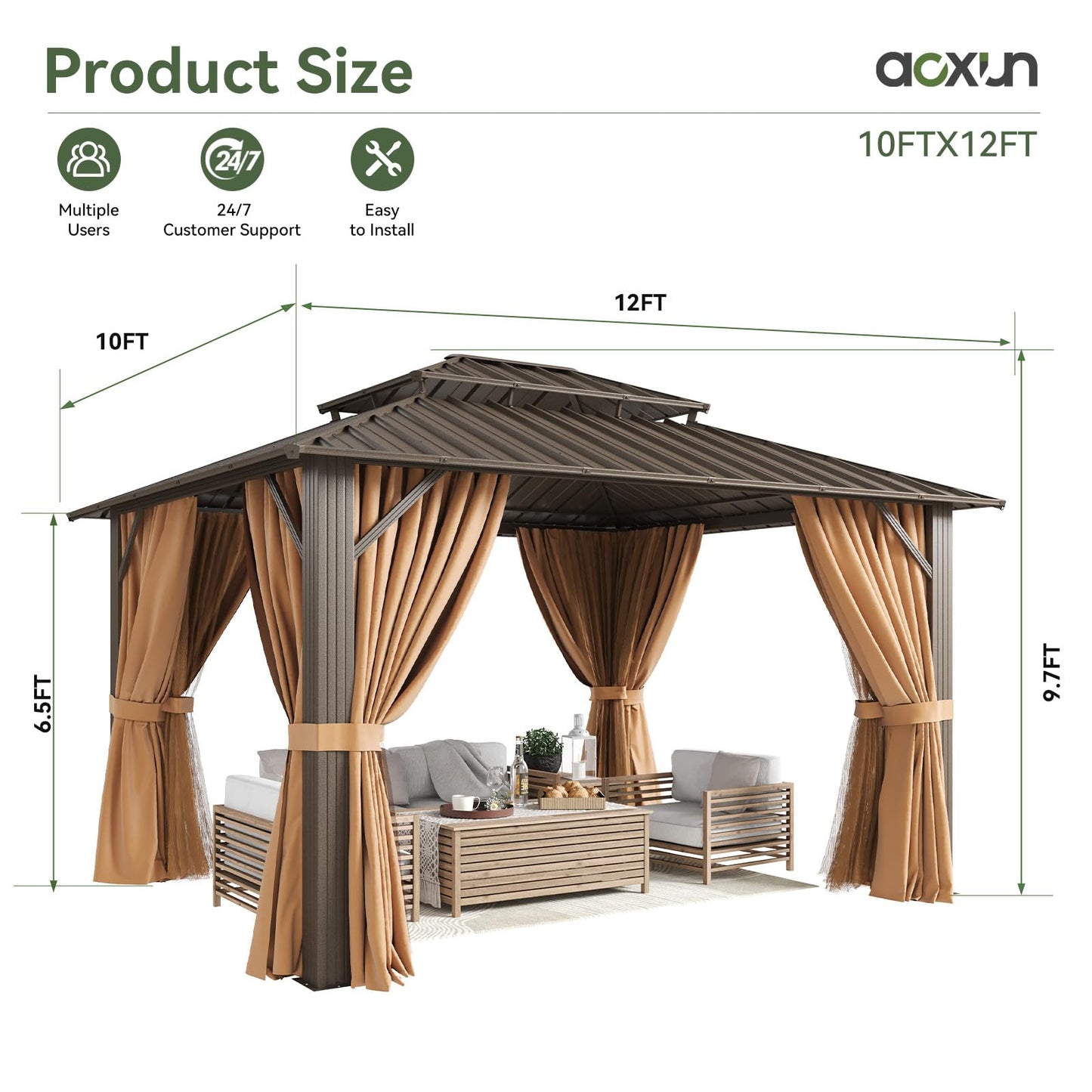Aoxun 10x12 Gazebo Outdoor Hardtop Gazebo with Double Galvanized Steel Roof Metal Frame Pavilion with Breathable Netting and Privacy Curtain for Backyard (Brown)