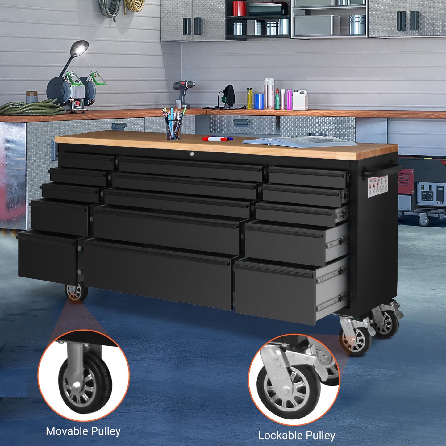 ExploreHorizon 72" Rolling Tool Chest with 15 Drawers - Heavy-Duty Steel & Rubber Wood Workbench on Wheels, Garage Workbench with Key Locking System, Drawer Liners for Warehouse Repair Shop, Black