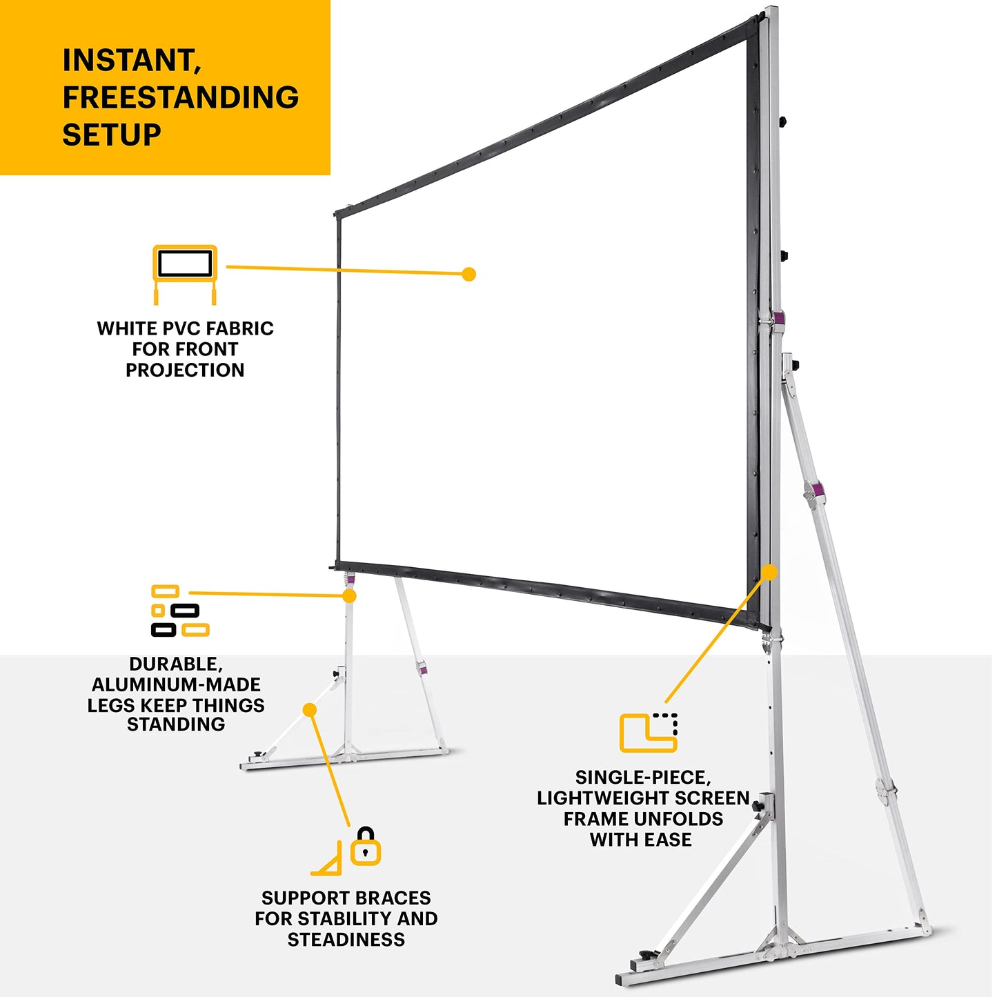 Kodak 150” Portable Projector Screen W/Stand - Fast Fold White Projection Backdrop for Outdoor & Indoor Movies with Tripod, Outdoor Stability Kit, & Black Storage Carry Case