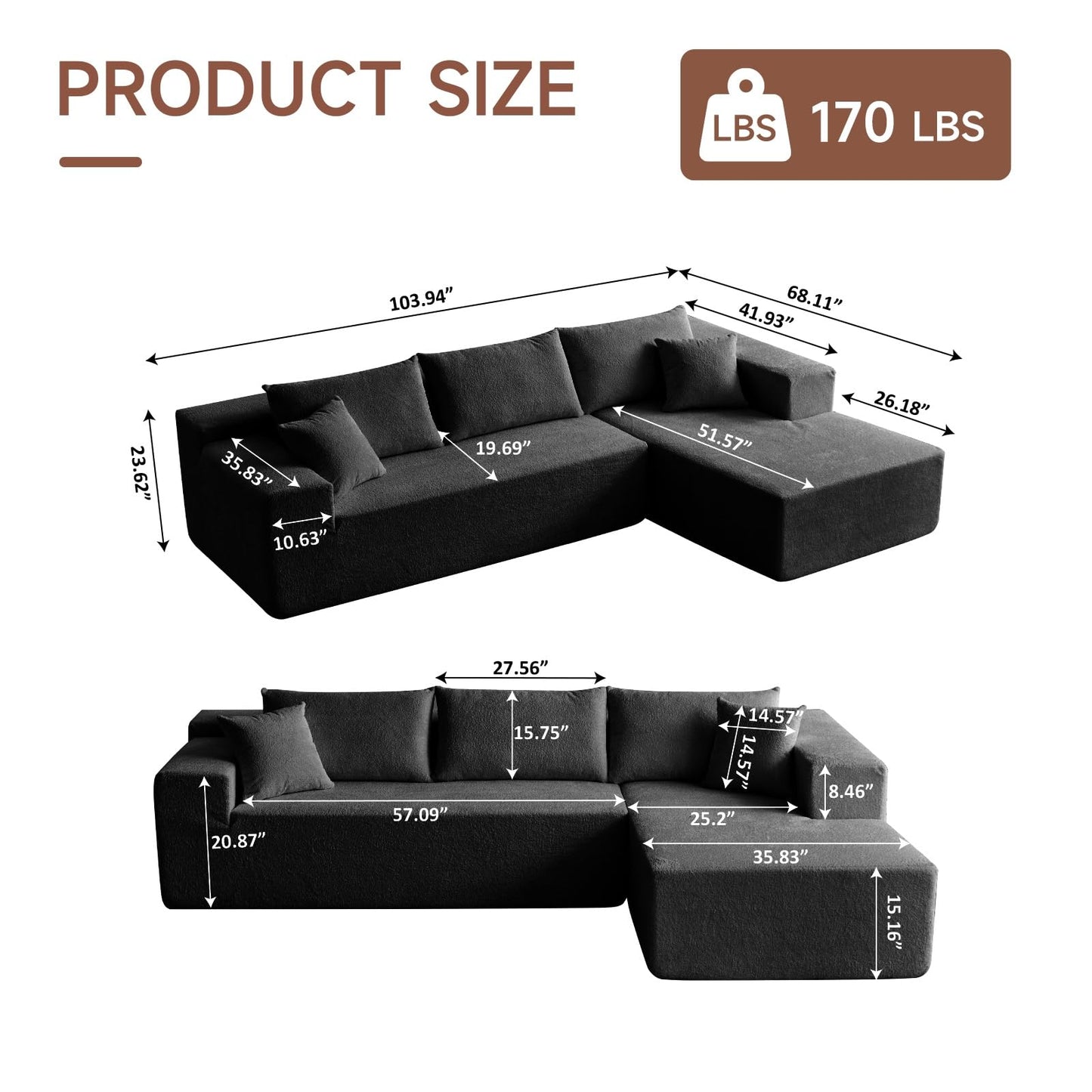 Trygoal 103” L Shaped Cloud Sectional Boneless Couches for Living Room, Modern Modular Sofa Couch with Chaise, Comfy Deep Seat Living Room Furniture Set, No Assembly, Black