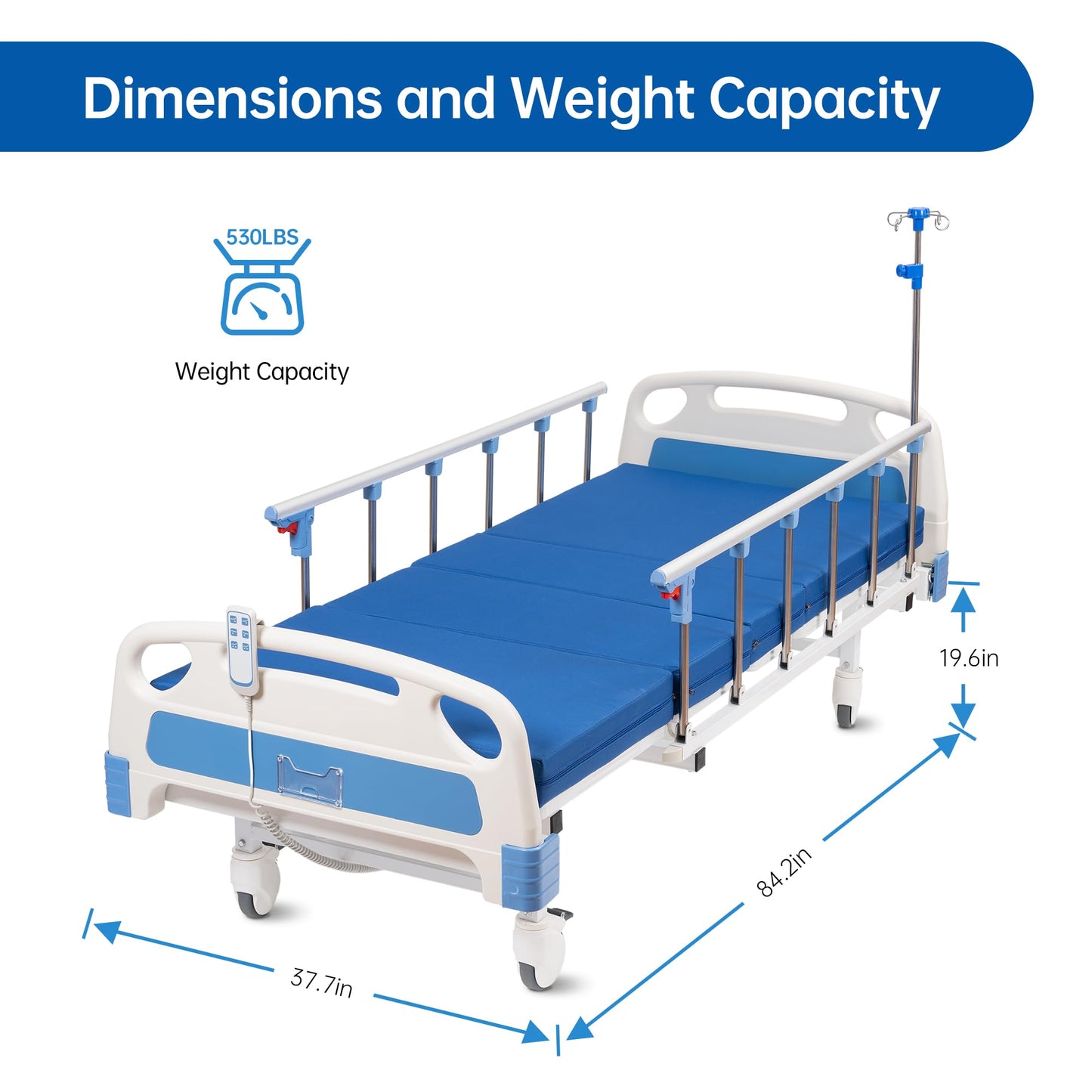 RESTISLAND Hospital Bed Electric 2 Function, 5-Inch Locking Casters for Home Hospital Use, 530LBS Loading, with IV Pole, Bed Tray and Mattress