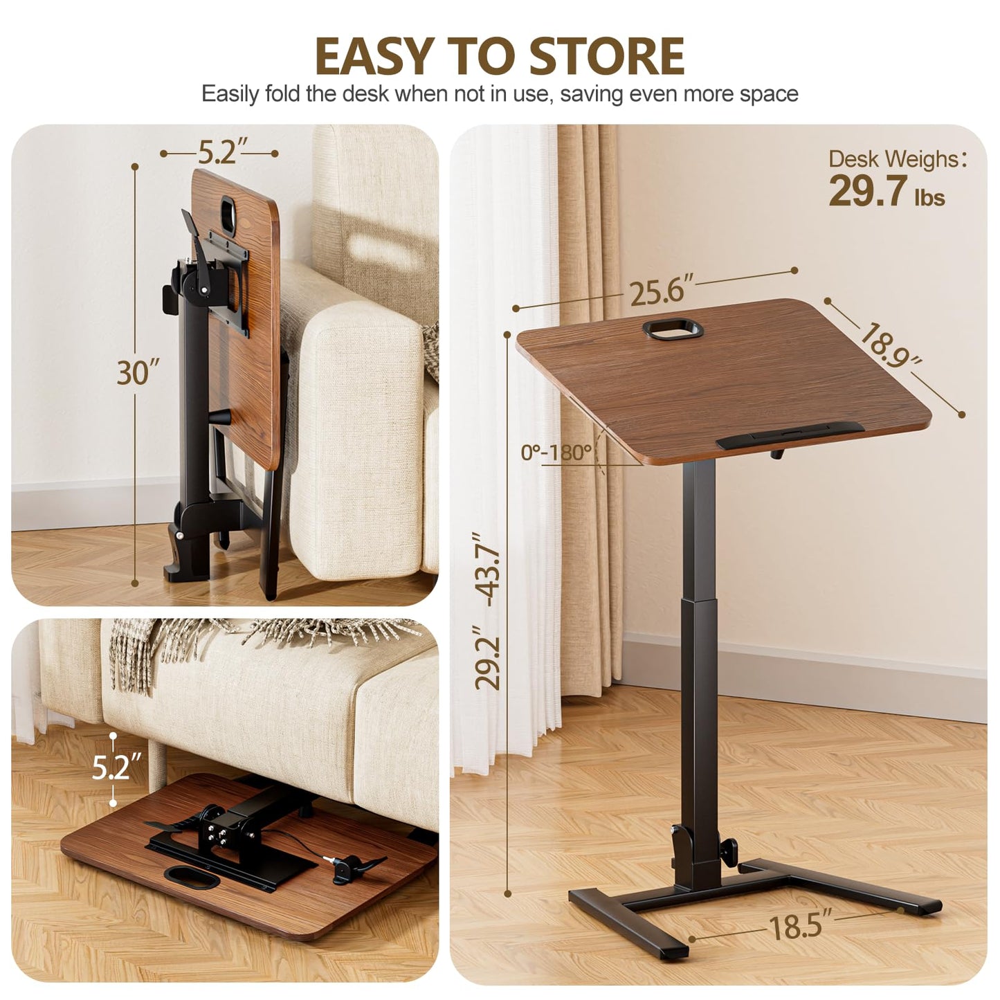 OUKMIC 25 Inch Mobile Foldable Standing Desk, 180 Degree Tiltable Portable Rolling Laptop Table, Height Adjustable Sit-Stand Desk with Wheels, No Assembly Computer Workstation for Home Office, Brown