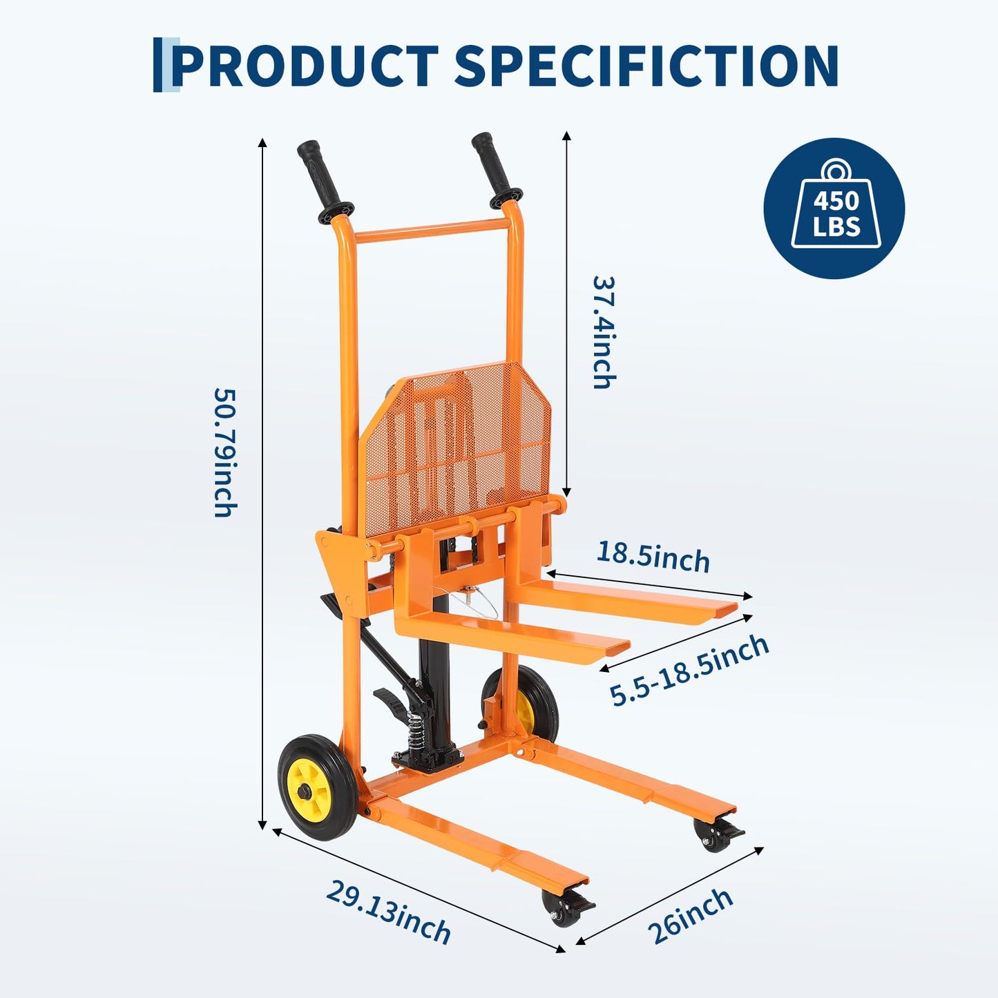 450LBS Hydraulic Material Lift Dolly-Adjustable Manual Fork Winch Stacker,Pallet Truck Fork Lift Dolly Cart with Removable Platform, 36" Max Lift