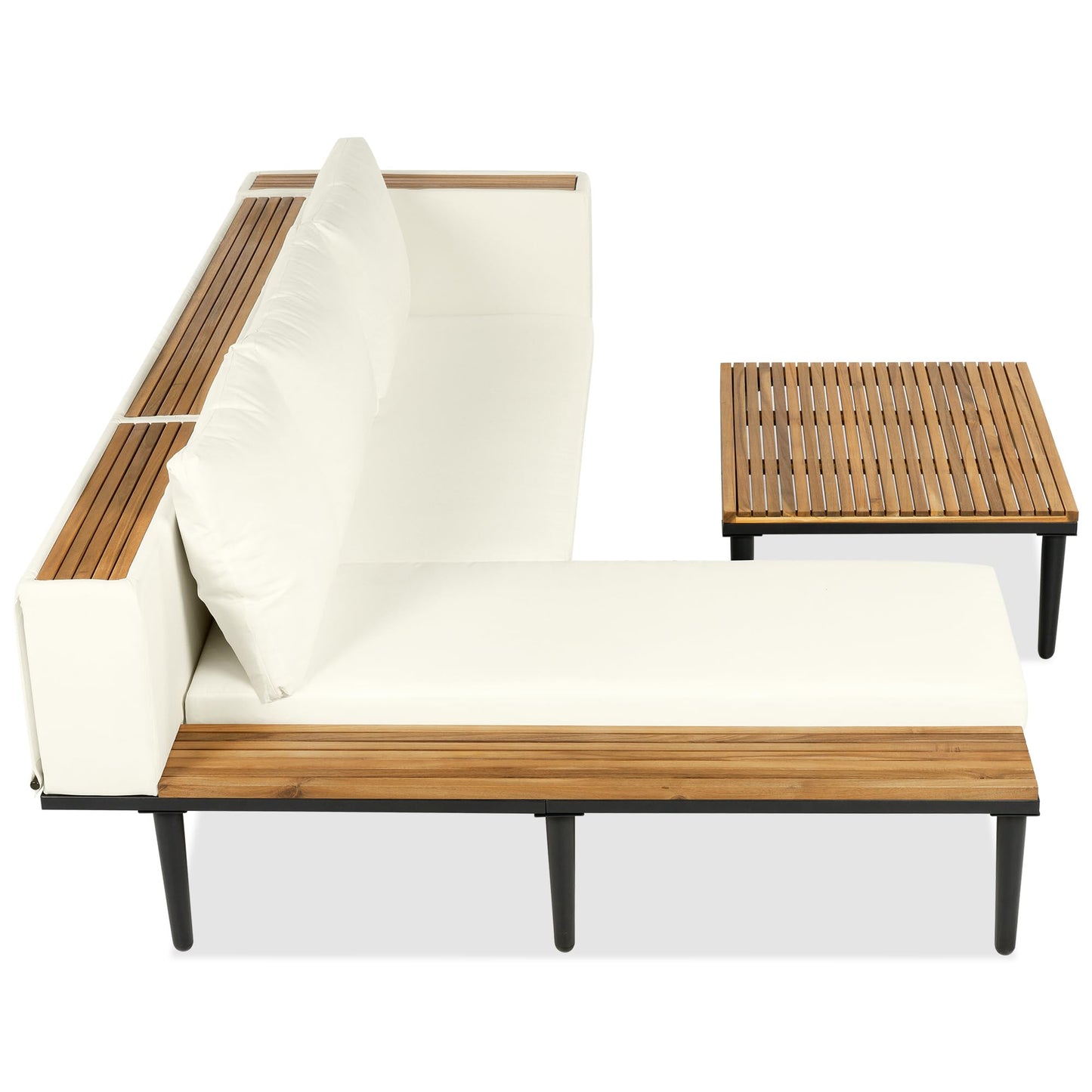 Luxury 4-Piece L-Shaped Outdoor Patio Sofa Set with Acacia Wood Side & Coffee Table, Removable Cushions & Pillows, Metal Frame, Comfortable Modular Conversation Sectional for Backyard, Porch, Beige