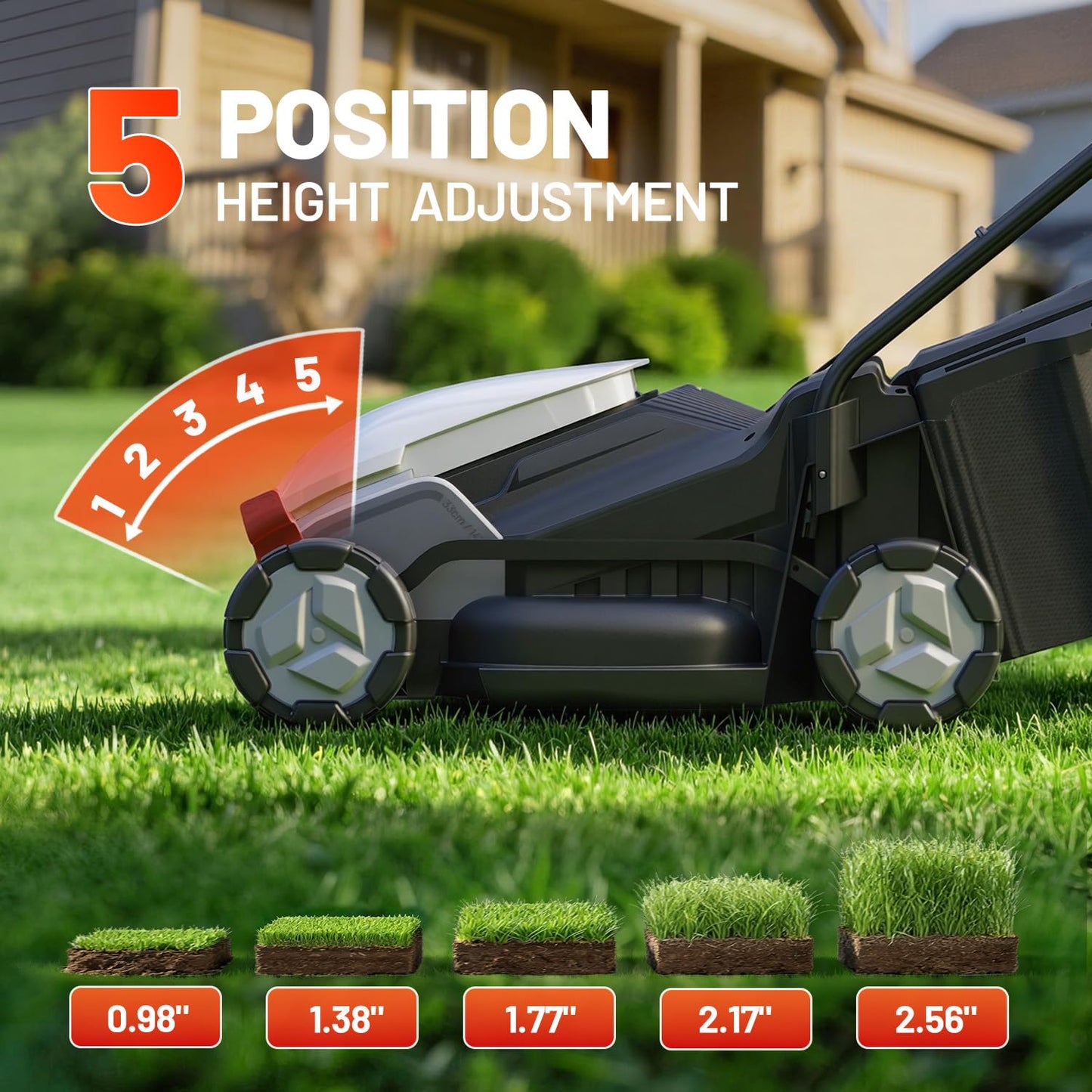 Litheli 14 Inch Battery Lawn Mower with 8.0Ah Long Runtime Battery, Brushless Motor, 5 Cutting Heights 1 to 2.5 Inch, 9 Gal Grass Catcher, Removable Handle, Ideal for Mid Size Lawns