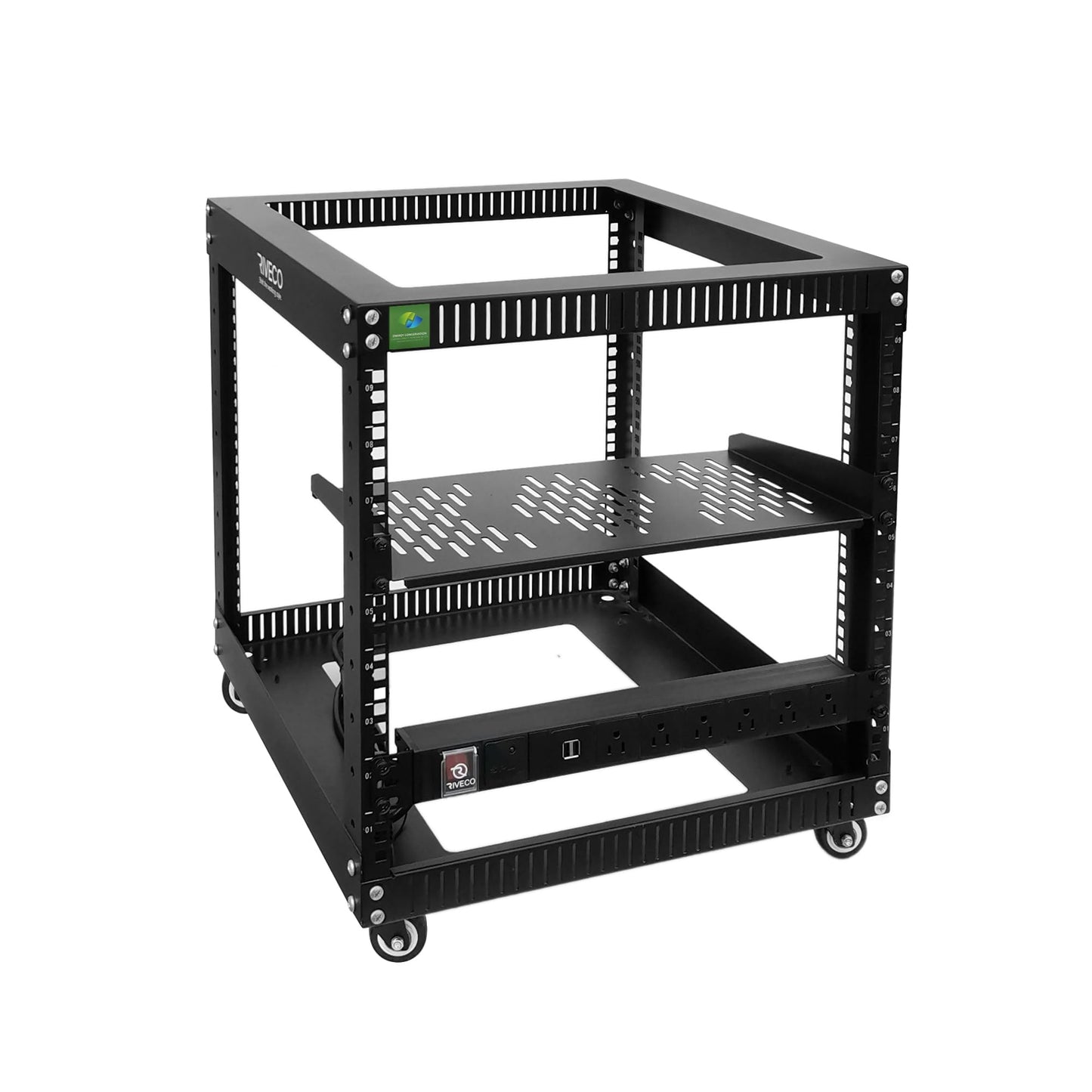 RIVECO 9U Open Frame Server Rack with Wheels + PDU (8 Outlets) Power Strip Surge Protector (1u Rack Shelf 1pcs +PDU)