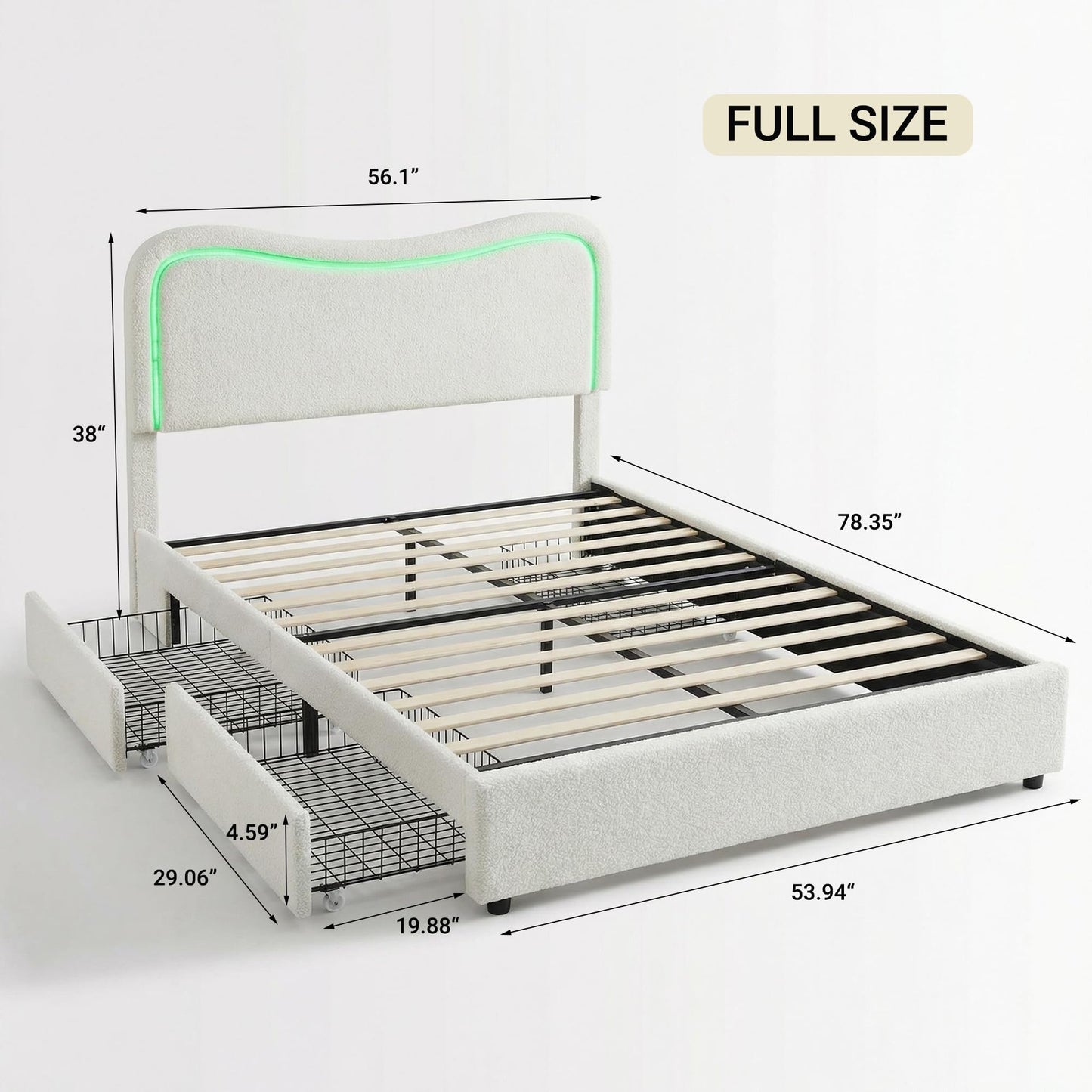 Garvee Boucle Full Bed Frame with 2 Storage Drawers, Upholstered Platform Bed with LED Headboard, Wood Slats Support, No Box Spring Needed for Kids, Teens-White