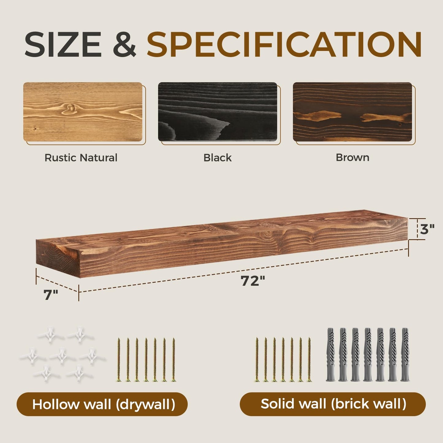 YLYHSST 72" Fireplace Mantel, 3'' Thick Handmade Rustic Solid Wood - Wall Long Floating Shelf with Invisible Metal Bracket, Brown