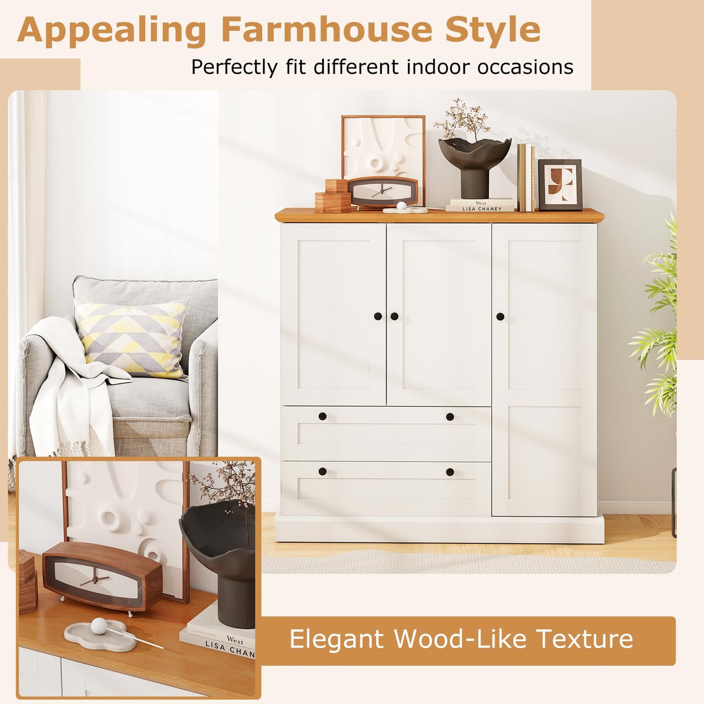 LOKO 47.5” Tall Buffet Cabinet with Storage, Modern Storage Cabinet with 3 Doors & 2 Large Drawers, Farmhouse Kitchen Pantry with Removable Shelf for Dining Room, Living Room, Home Bar