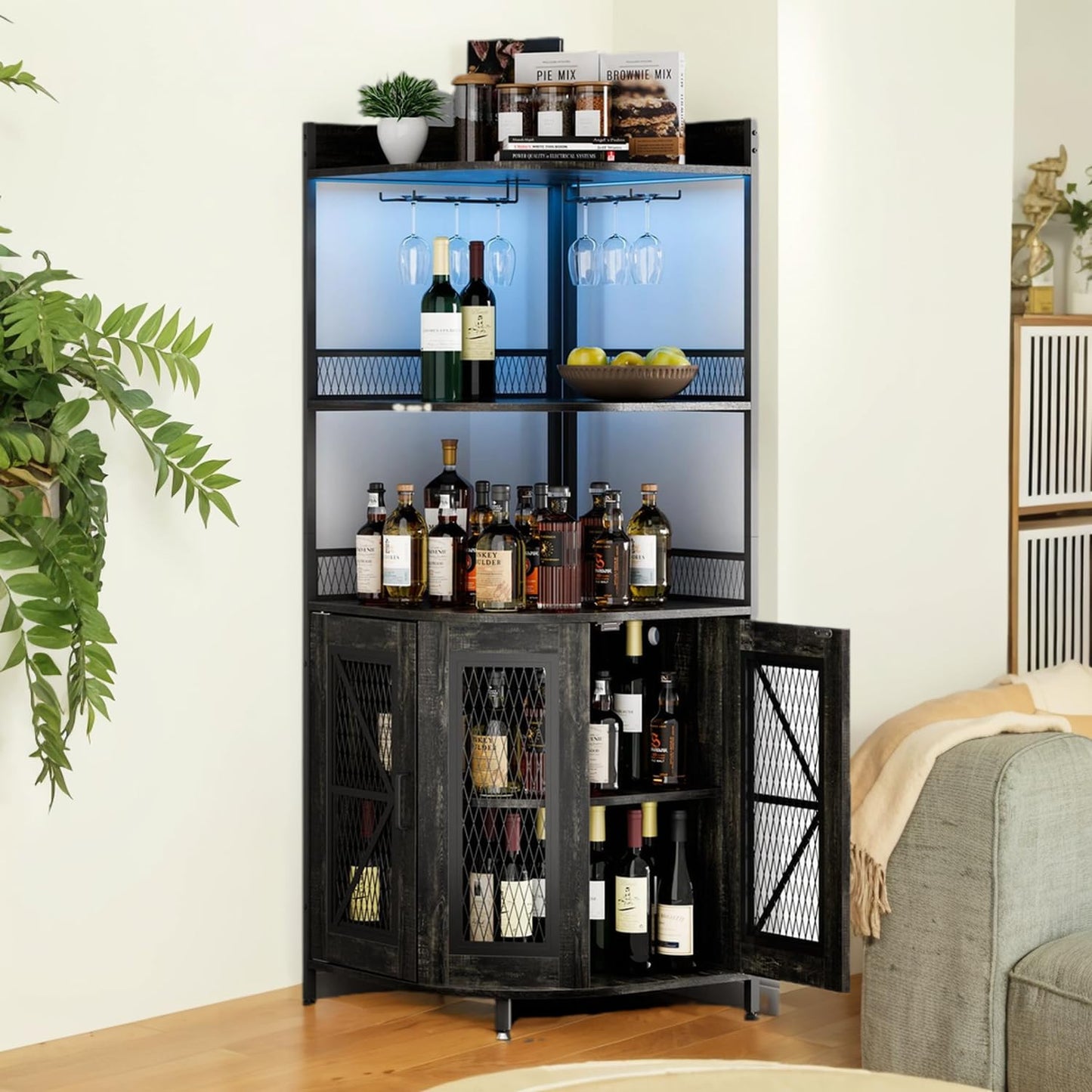 GarveeHome Industrial Corner Bar Cabinet with Power Outlet, 5-Tiers Wine Cabinet with LED Strip and Glass Holder, Multifunctional Liquor Cabinet for Home Bar, Corner Display Storage Cabinet for Home