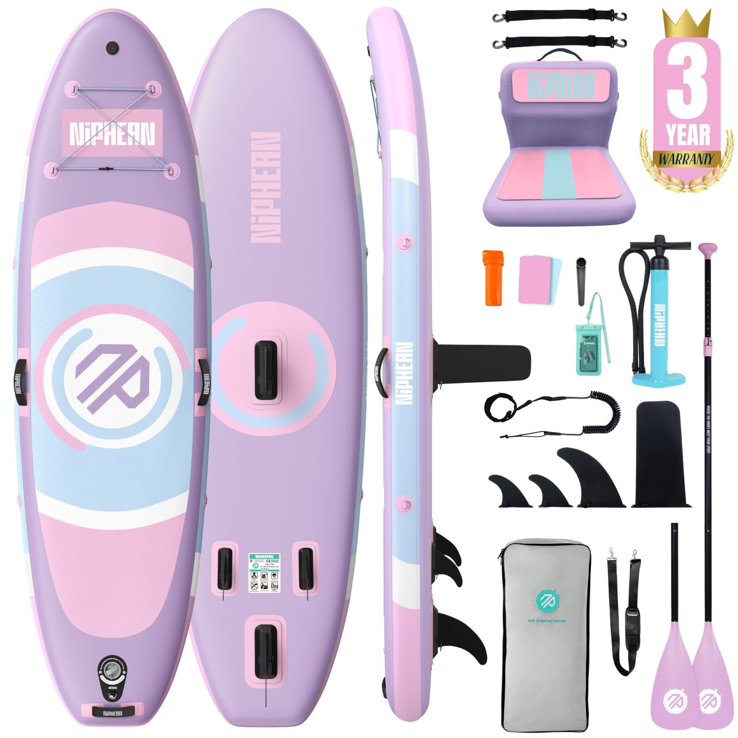 Niphean（Ultra-Light） Inflatable Paddle Board with StabilTrac Fin and Durable SUP Accessories, 10' Stand Up Paddle Boards for Adults & Youth, Versatile Yoga Paddle Board-Lavender Whispers with Seat