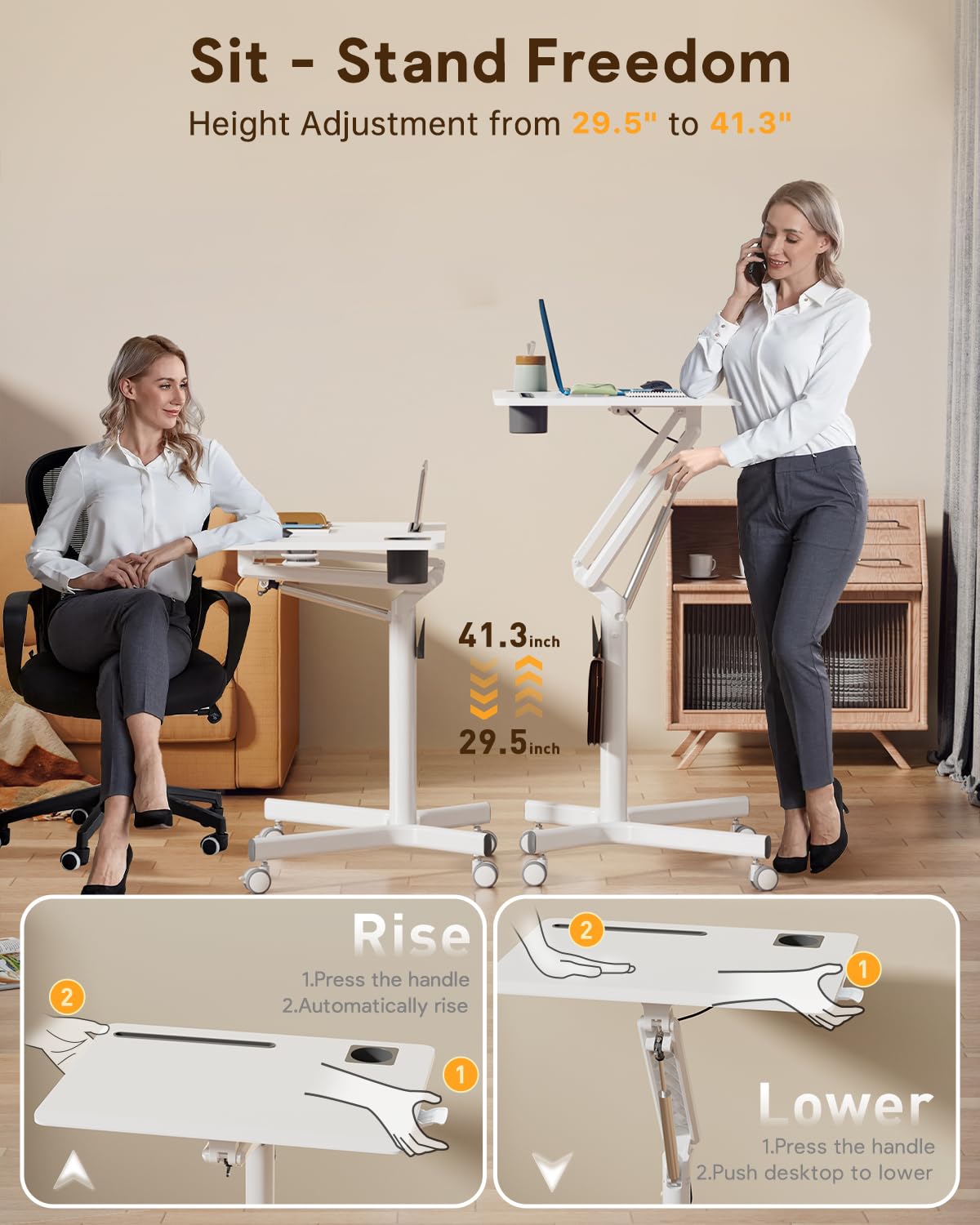 JOY worker Mobile Standing Desk, 28 inch Small Height Adjustable Rolling Laptop Desk, Portable Sit Stand Desk with Lockable Wheels, Ergonomic Desktop Table for Home Office, White