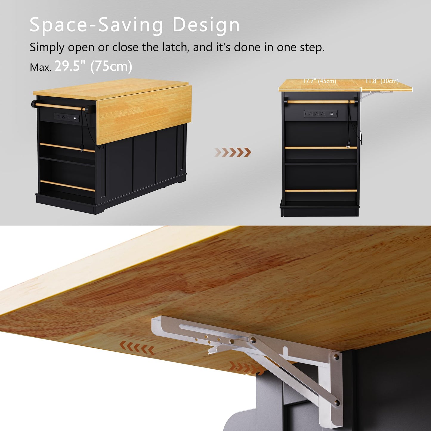 Merax 53" Large Kitchen Cart Storage Island on 5 Wheels with Drop Leaf,Power Outlet,Internal Rack for Kitchen Dining Room