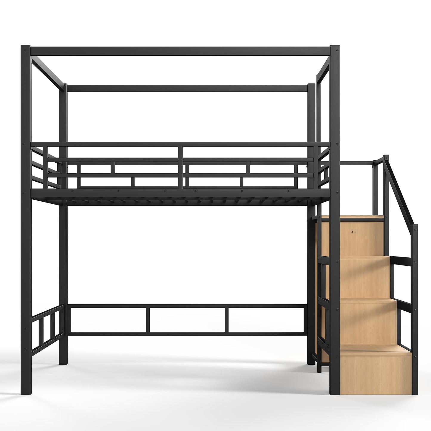 Bellemave Full loft Bed with Storage Stairs, Wardrobe, Canopy Support Pole, Metal Full Loft Bed Frame for Adults, Kids, Teens, Canopy can be Disassembled, Black+Natural Wood
