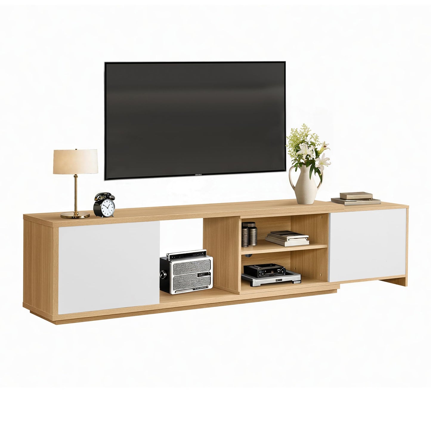 KISLOT Extendable TV Stand for TVs up to 90",Modern Entertainment Center with Adjustable Shelf,Television Stand with 2 Storage Cabinets,Wooden TV Media Console for Living Room Bedroom Natural Oak