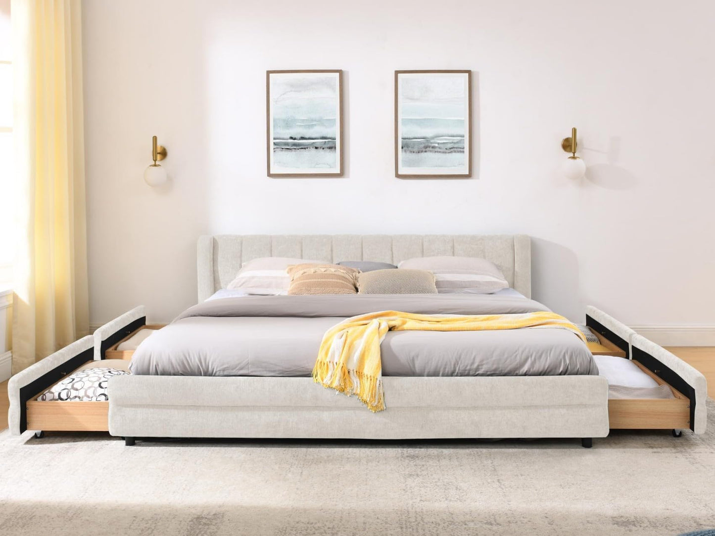 KEIKI Thick Chenille King Bed Frame with 4 Storage Drawer & Upholstered Tufted Cushioned Headboard, Modern Solid Wood Floor Platform Cloud Bed Frame for Bedroom, No Box Spring Needed, Beige