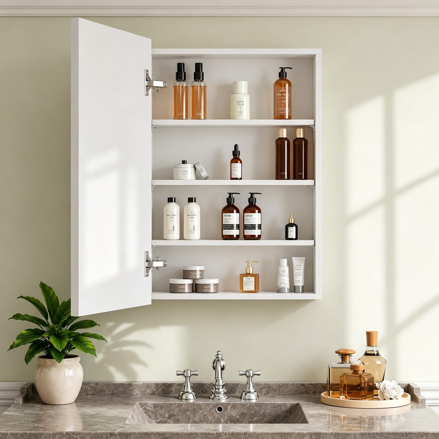 Buruis 20 x 28 Inch Wood Medicine Cabinet with Mirror, Recessed or Wall-Mounted Bathroom Storage Organizer, Adjustable Shelves & Soft-Close Hinges, Fully Assembled, White