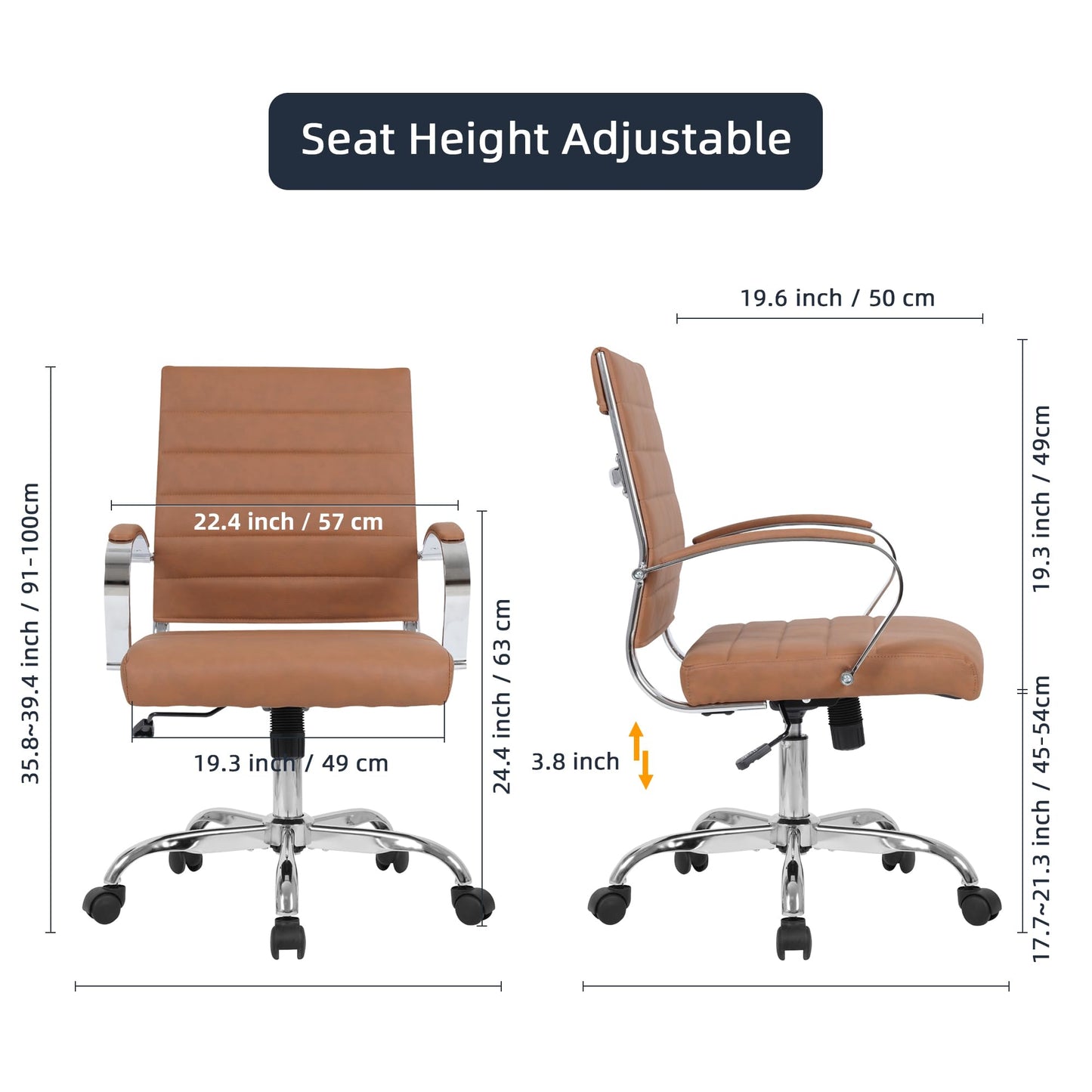 LANDSUN Home Office Chair Mid Back Desk Chair PU Leather Ribbed Executive Swivel Computer Chair with Wheels and Armrests Soft Padded Adjustable Height Conference Task Brown