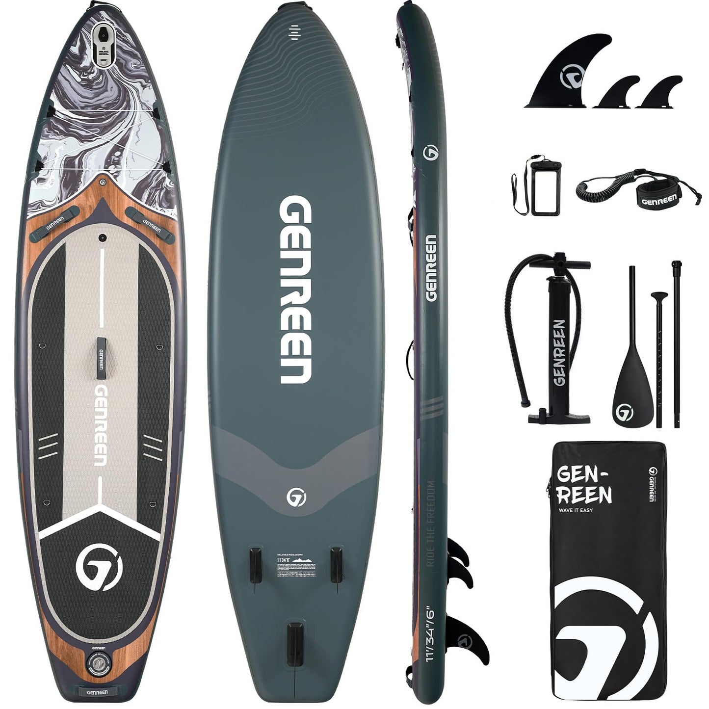 Genreen Paddle Board Stand up Inflatable SUP 11'x34' Thickened PVC 3 People 5 Grips 3 Fins Double Layer Edge 450LBS Multi Mount x2 Fishing Ink Teal