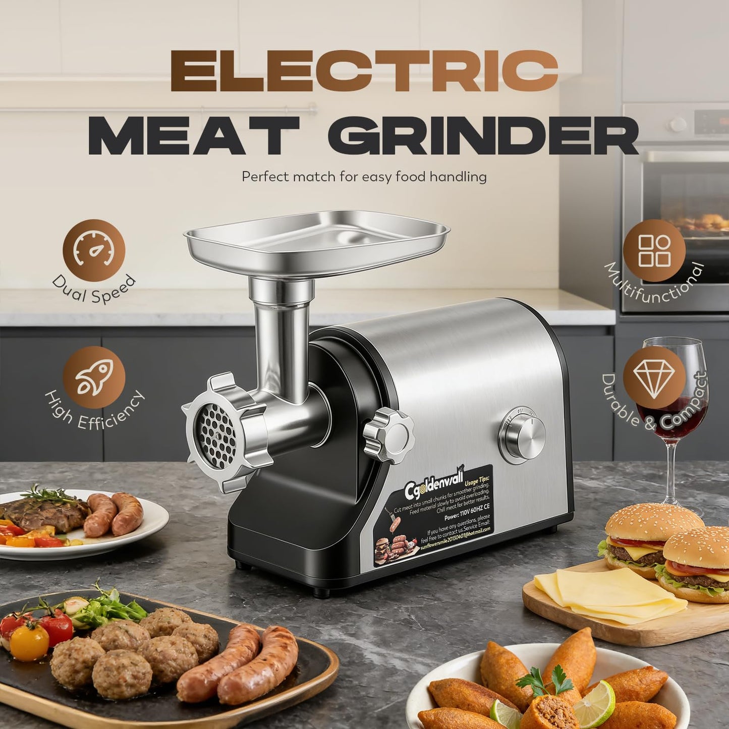 CGOLDENWALL Electric Meat Grinder & Sausage Stuffer, 480lbs/H Heavy Duty Meat Mincer with Speed Settings, 2 Stainless Steel Blades, 3 Grinding Plates, #10 Ideal for Deer Processing, Pet Food Grinding