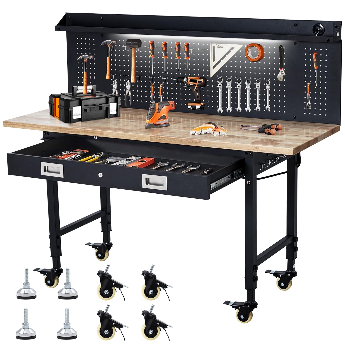 GarveeTech 60 in Heavy-Duty Adjustable Workbench with 2 Drawers & Pegboard - 2000 LBS Capacity, 4 Rolling Wheels, Rubber Wood Tabletop for Garage, Workshop, Home Office, Black