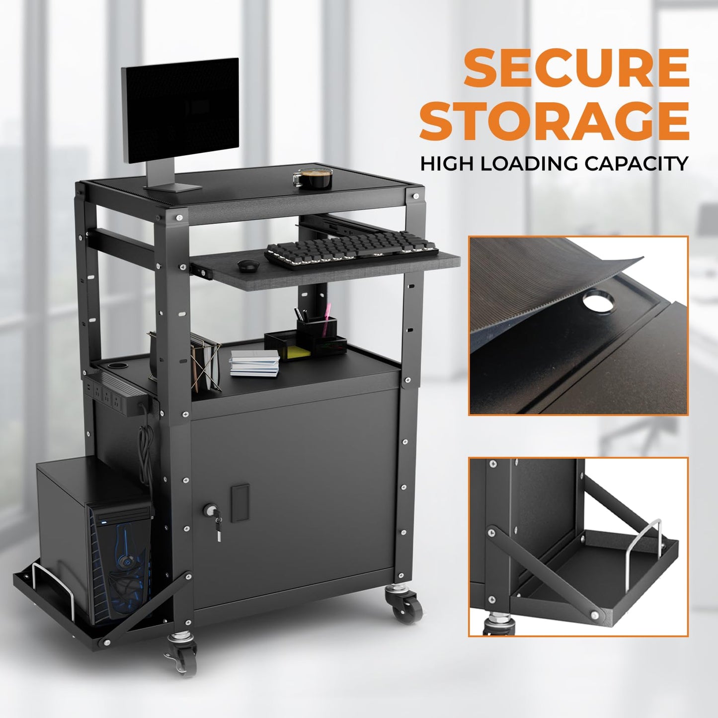 Mobile AV Cart with Side Shelves, Rolling Computer Cart Height Adjustable Rolling Media Utility Cart with Pullout Keyboard Tray Extra Storage Space, 4 Outlets, Perfect for Home or Office Use