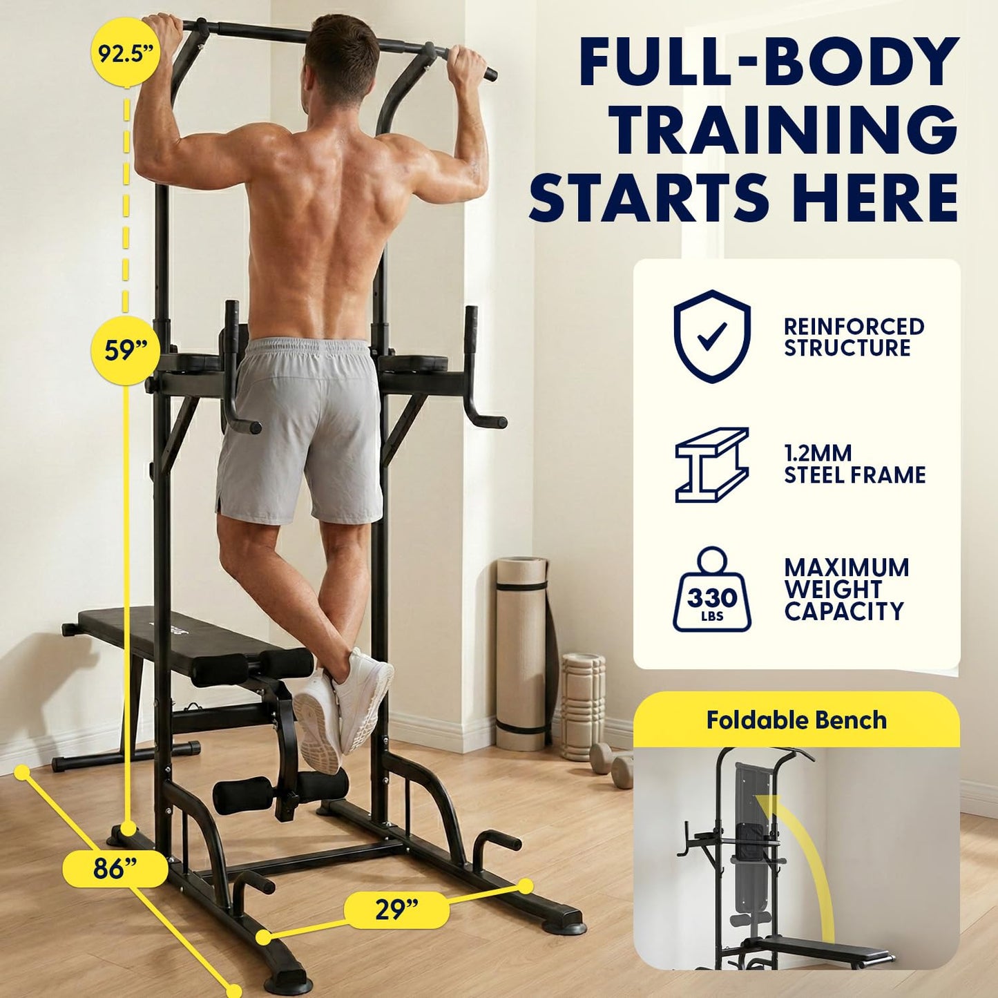 SQUATZ Pull-Up Dip Station - Your All-in-One Power Tower Gym and Chin-Up Bar Stand with Collapsible Bench for Home Exercise and Bench Press