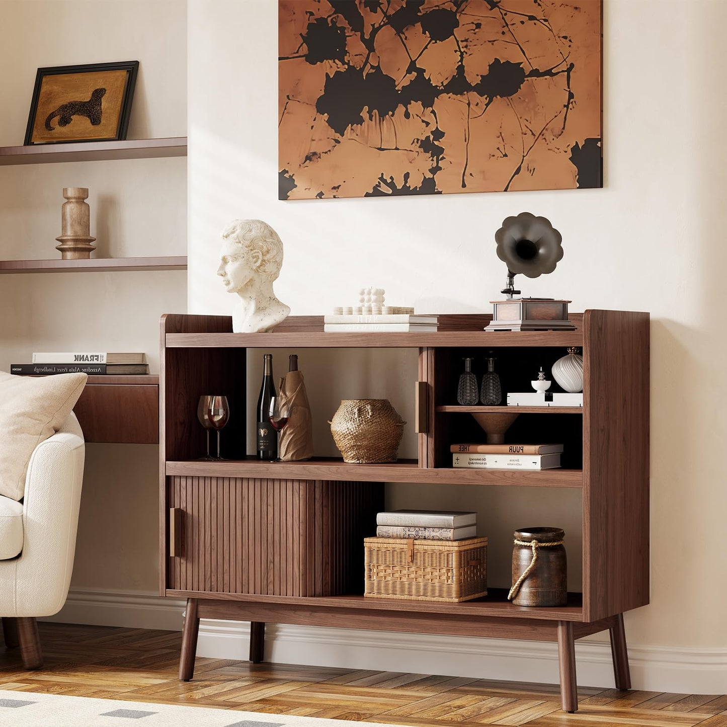 ONBRILL 44" Sideboard Buffet Cabinet with Outlet & 2 Open Storage Spaces, Fluted Sideboard Cabinet with Sliding Door & Adjustable Shelves, Mid-Century Accent Coffee Bar Console Table with Wooden Feet