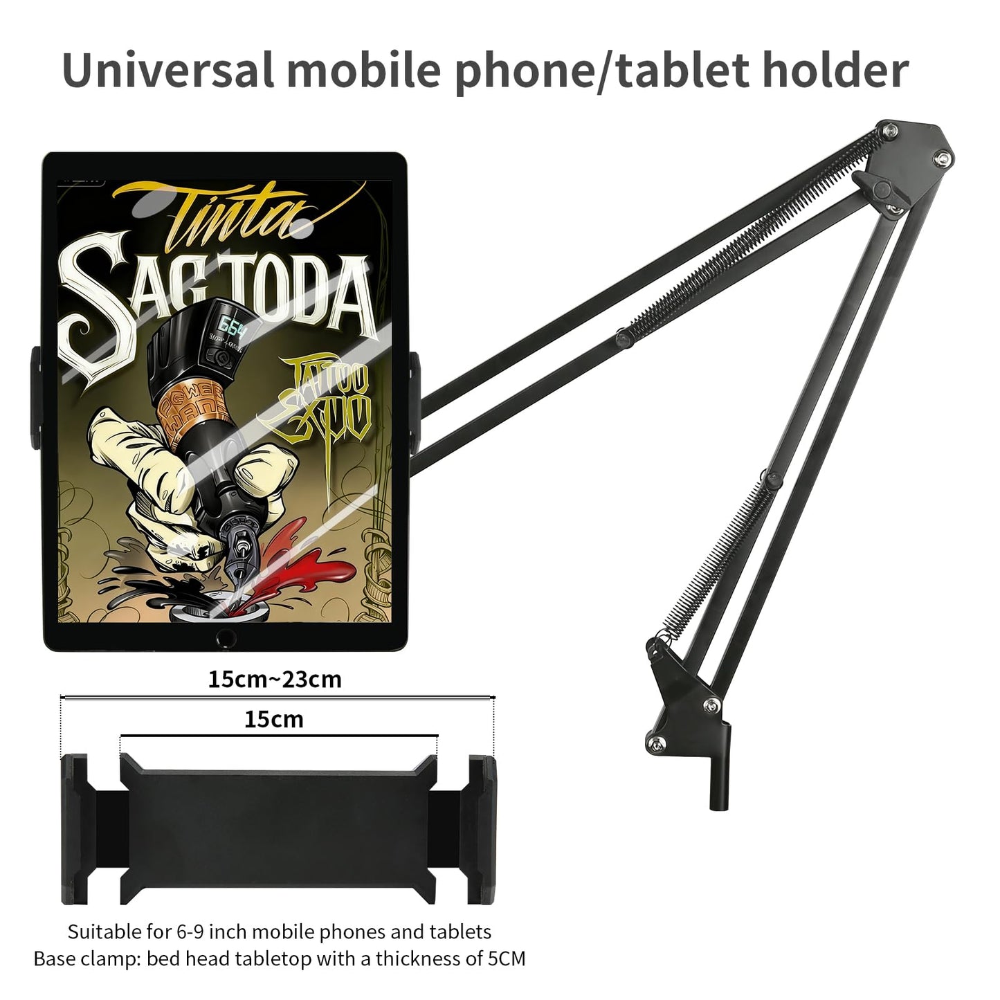 Tattoo Workstation with LED Large Aperture Tattoo Lamp, Magnetic Tray with Wheels, Salon Tray, Mobile Phone/Table Dual Stand Tattoo Cart, Suitable for Salon Tattoo Studio (Black)